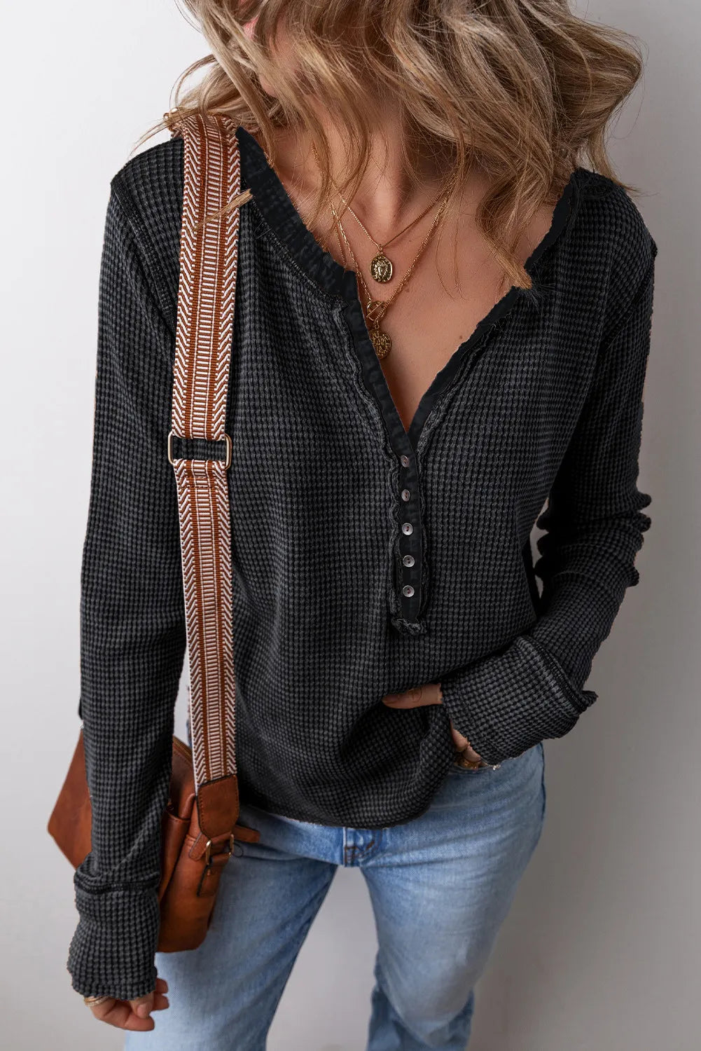 Notched Long Sleeve Top-TOPS / DRESSES-[Adult]-[Female]-Black-M-2022 Online Blue Zone Planet