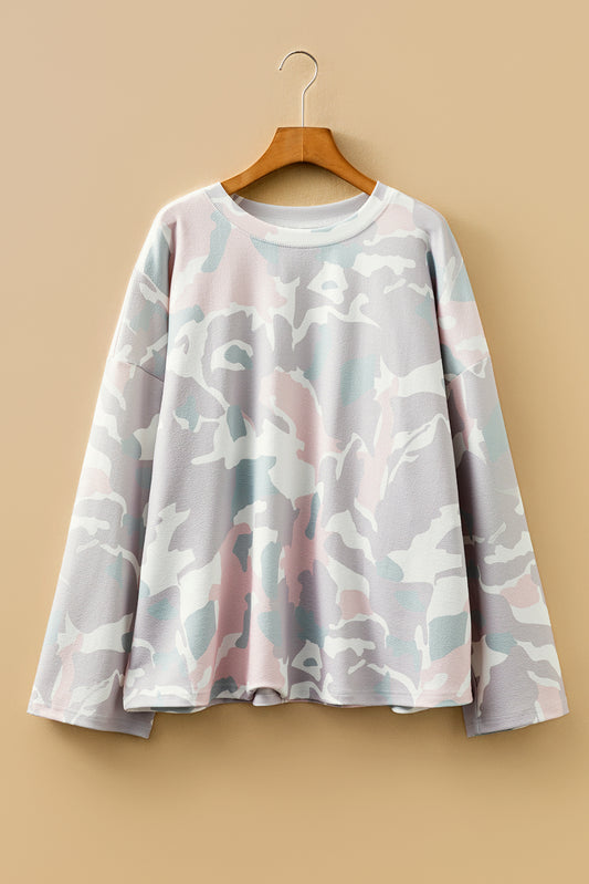 Green Plus Size Camouflage Print Drop Shoulder Loose Pullover Top-Plus Size/Plus Size Tops/Plus Size Long Sleeve Tops-[Adult]-[Female]-2022 Online Blue Zone Planet
