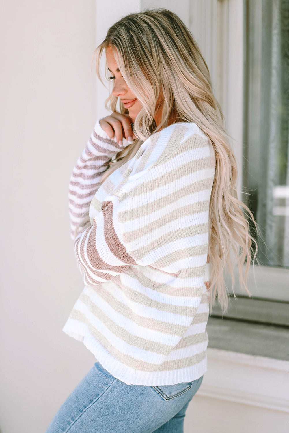 Stripe Blocked Drop Shoulder Slouchy Sweater-Sweaters & Cardigans/Sweaters-[Adult]-[Female]-2022 Online Blue Zone Planet