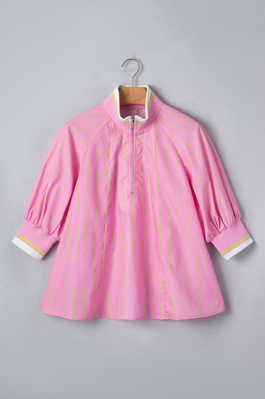 Pink Stripe Striped V-Neck Half Sleeve Zipper Ribbed Cuff Casual Shift Blouse-Tops/Blouses & Shirts-[Adult]-[Female]-2022 Online Blue Zone Planet