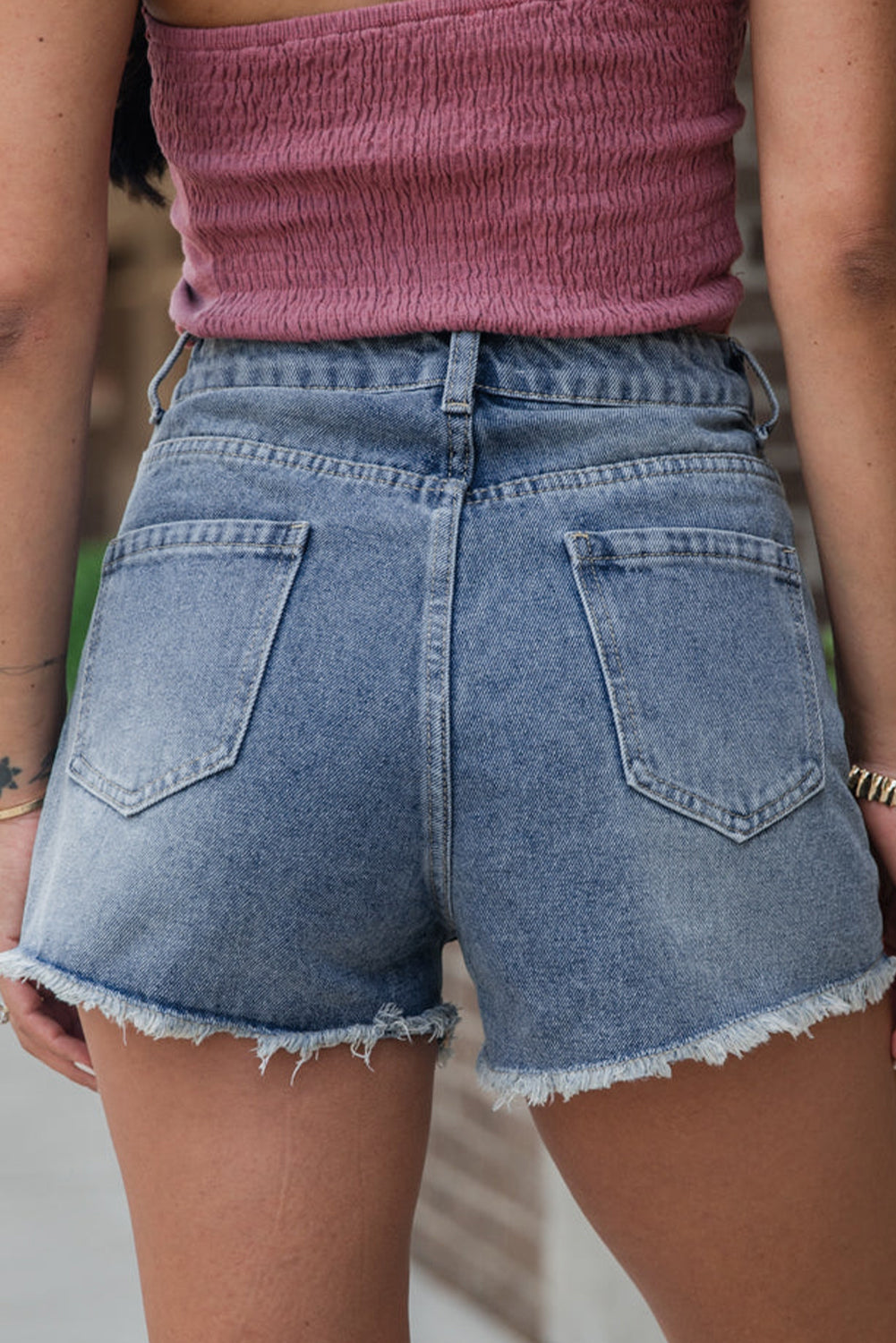 Dusk Blue Pearl Beaded Raw Hem Medium Wash Denim Shorts-Bottoms/Denim Shorts-[Adult]-[Female]-2022 Online Blue Zone Planet