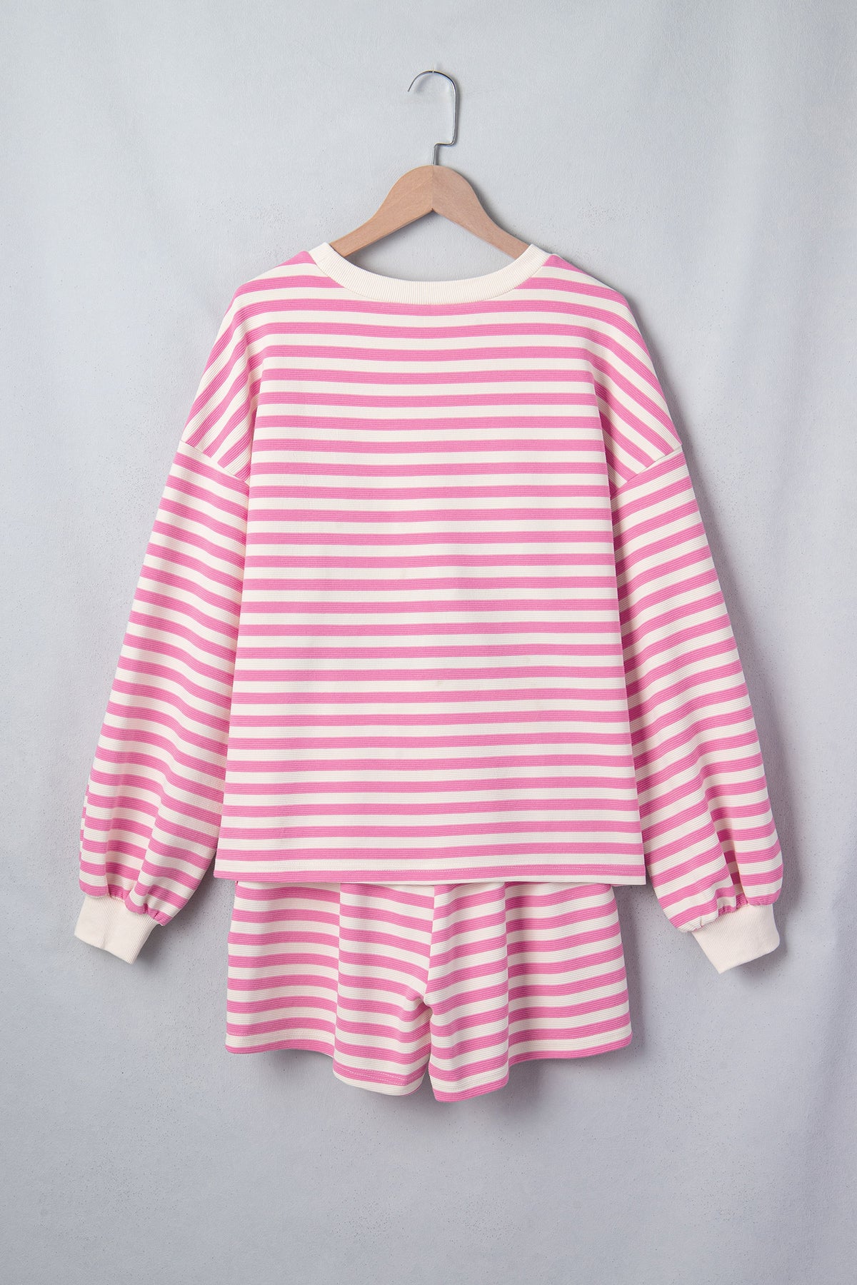 Pink Striped Long Sleeve Crew Neck Drawstring Waist Shorts Set-Two Piece Sets/Short Sets-[Adult]-[Female]-2022 Online Blue Zone Planet
