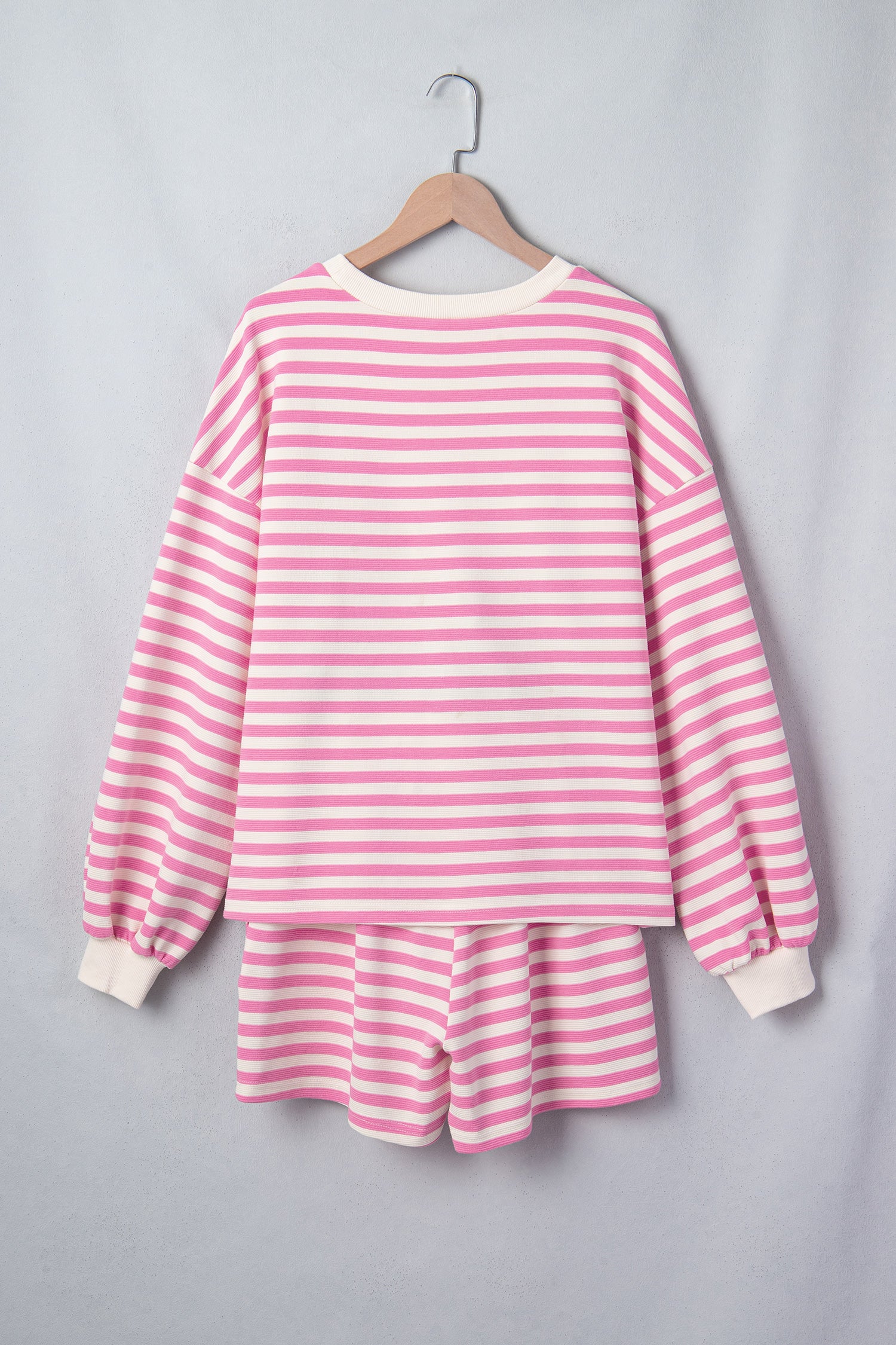 Pink Striped Long Sleeve Crew Neck Drawstring Waist Shorts Set-Two Piece Sets/Short Sets-[Adult]-[Female]-2022 Online Blue Zone Planet
