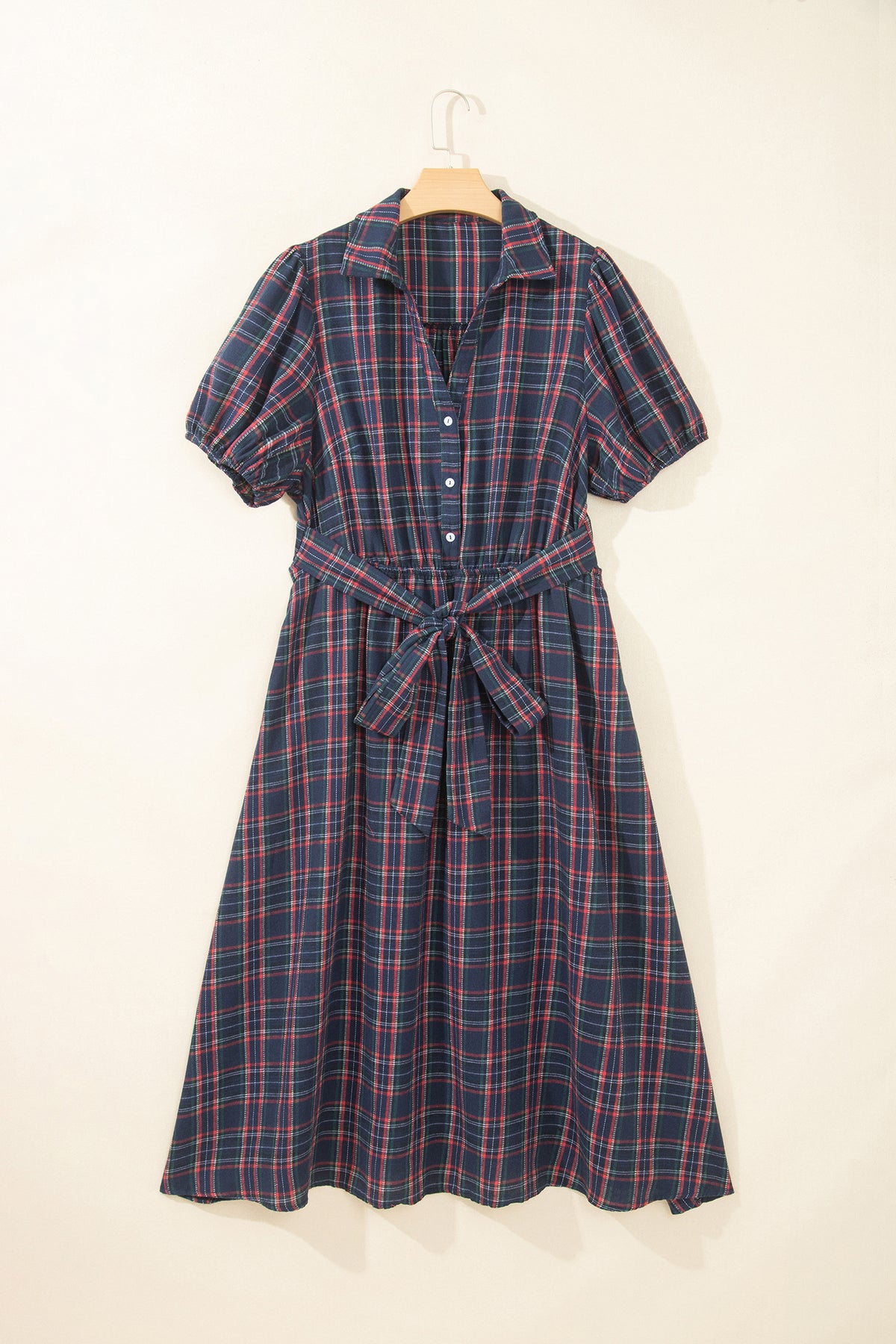 Black Plaid V Neck Belted Waist Short Sleeve Plus Size Dress-TOPS / DRESSES-[Adult]-[Female]-2022 Online Blue Zone Planet