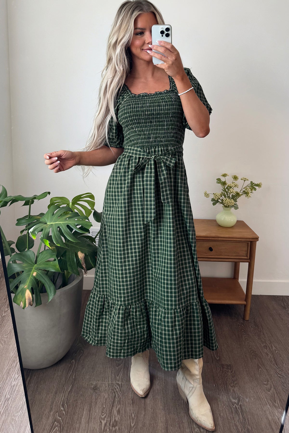 Green Plaid Square Neck Shirred High Waist Ruffle Hem Dress-TOPS / DRESSES-[Adult]-[Female]-2022 Online Blue Zone Planet