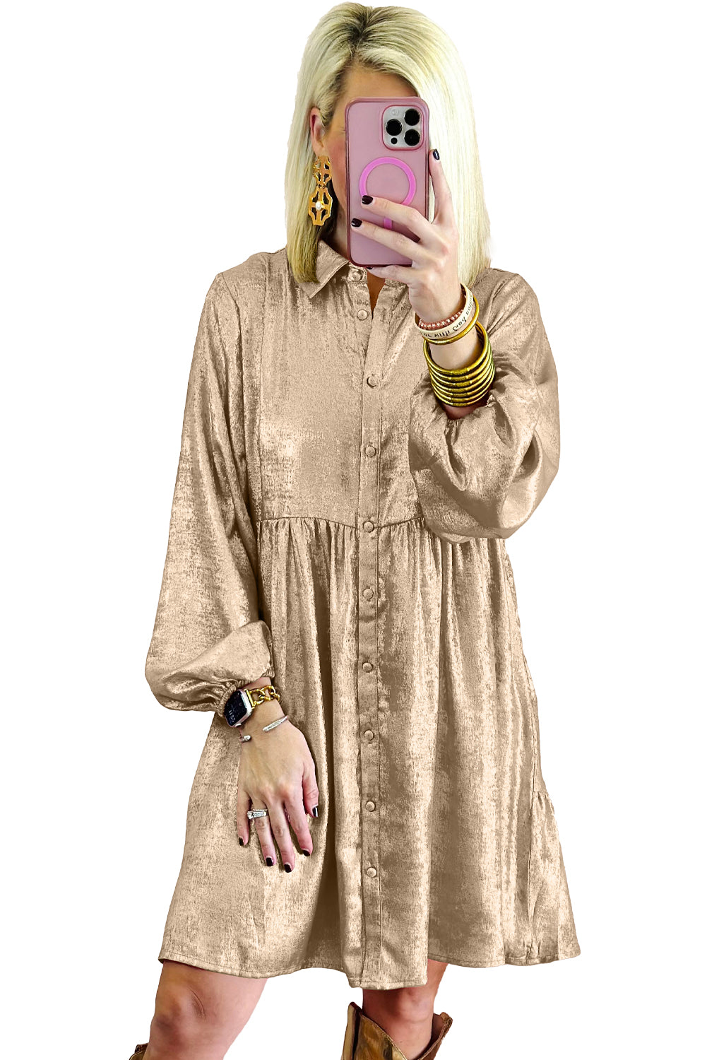 Apricot Metallic Sheen Puff Sleeve Button Up Mini Shirt Dress-Dresses/Mini Dresses-[Adult]-[Female]-2022 Online Blue Zone Planet