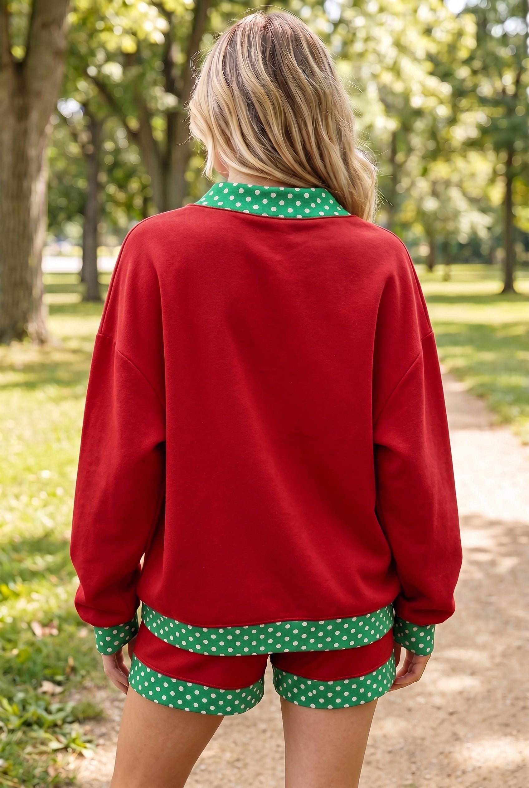Fiery Red Gingham Trim Baggy Pullover 2pcs Short Set-Two Piece Sets/Short Sets-[Adult]-[Female]-2022 Online Blue Zone Planet
