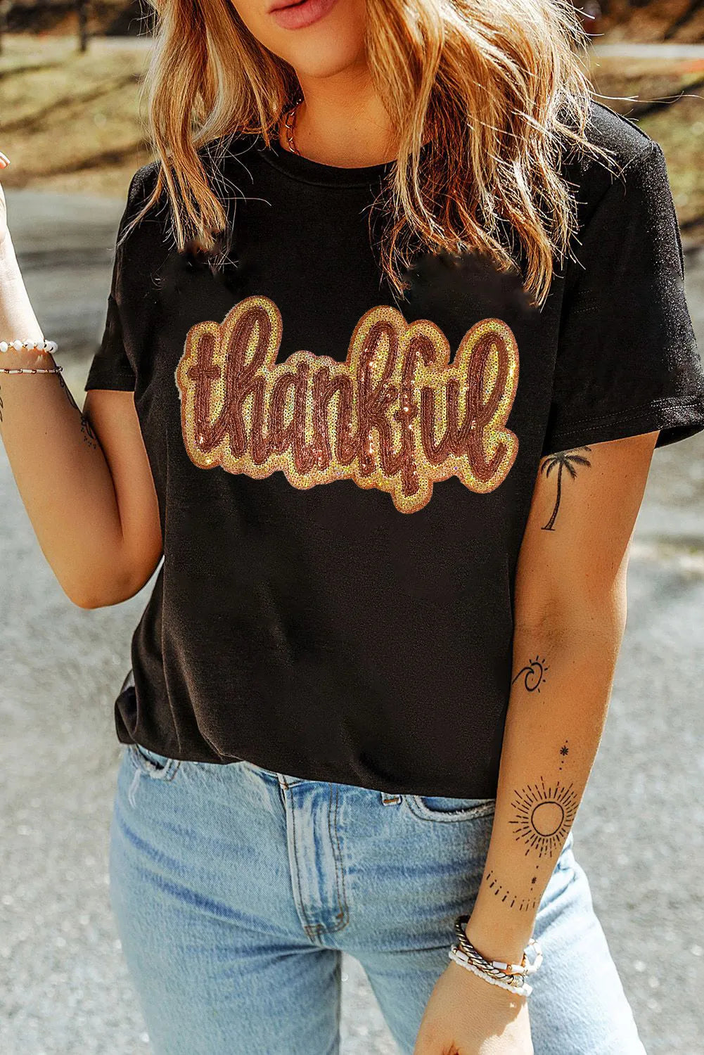 THANKFUL Sequin Round Neck Short Sleeve T-Shirt-TOPS / DRESSES-[Adult]-[Female]-Black-S-2022 Online Blue Zone Planet