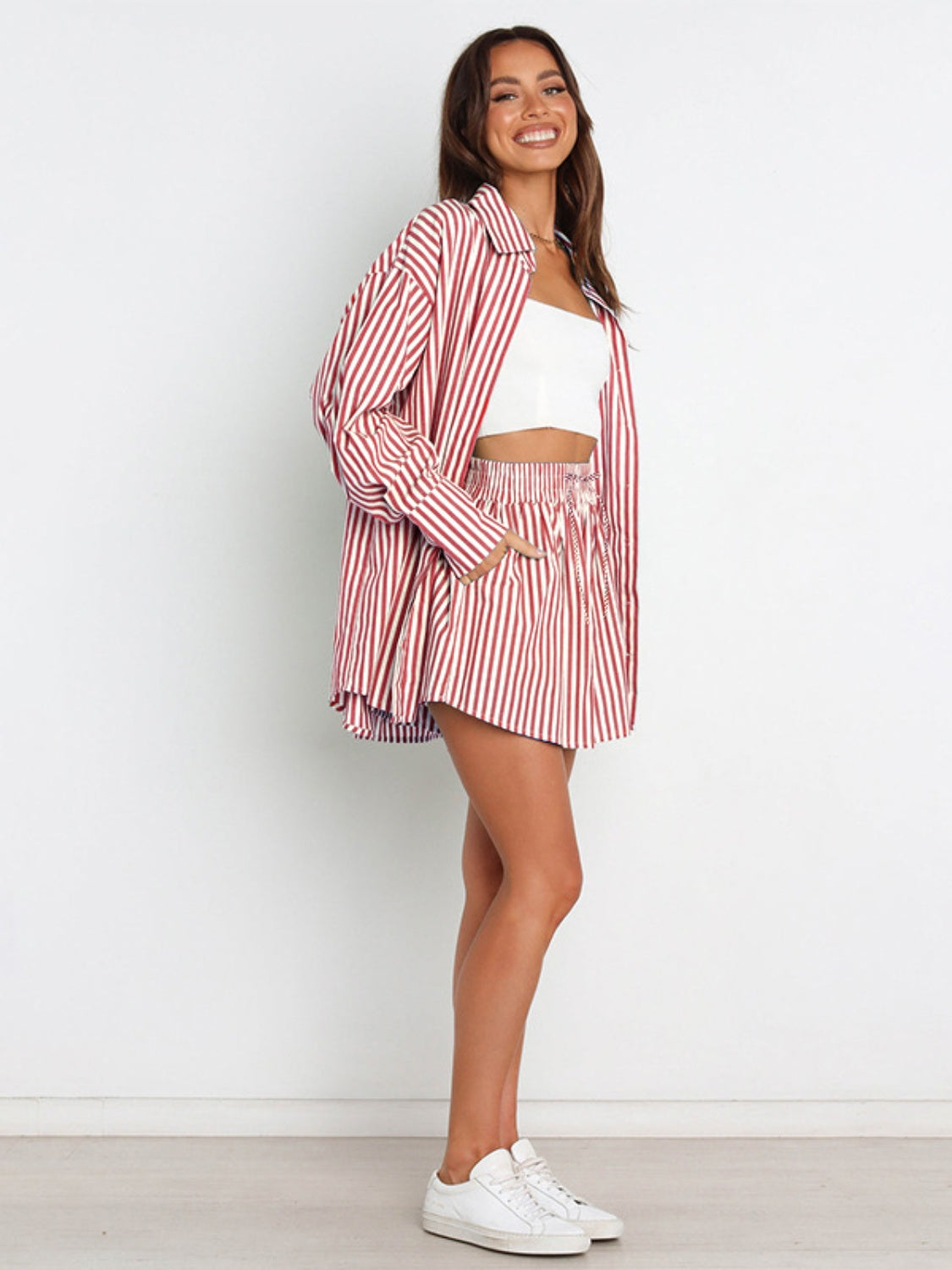 Blue Zone Planet | Striped Dropped Shoulder Shirt and Shorts Set-TOPS / DRESSES-[Adult]-[Female]-2022 Online Blue Zone Planet