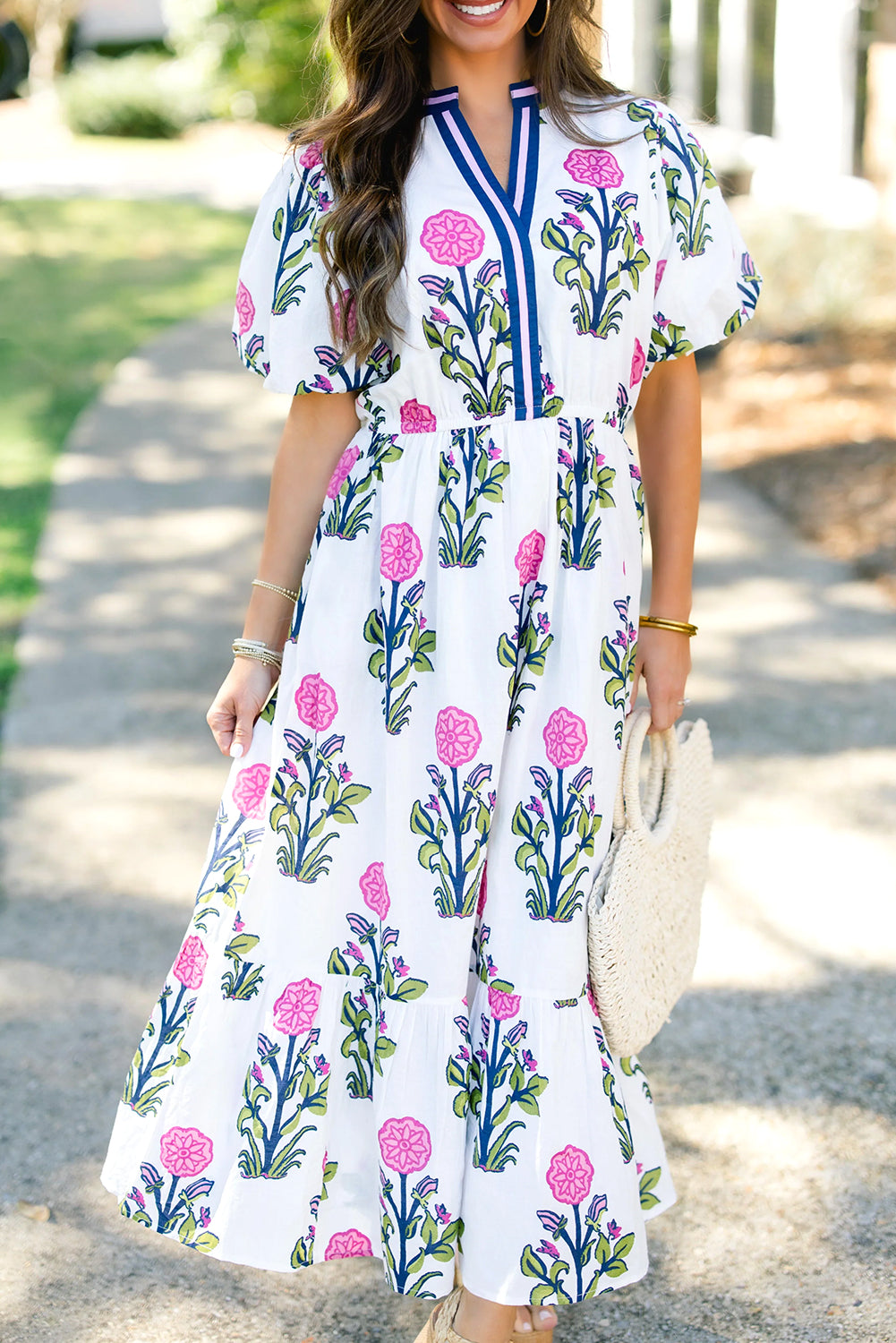 White Floral Puff Short Sleeve V Neck High Waist Maxi Dress-TOPS / DRESSES-[Adult]-[Female]-2022 Online Blue Zone Planet
