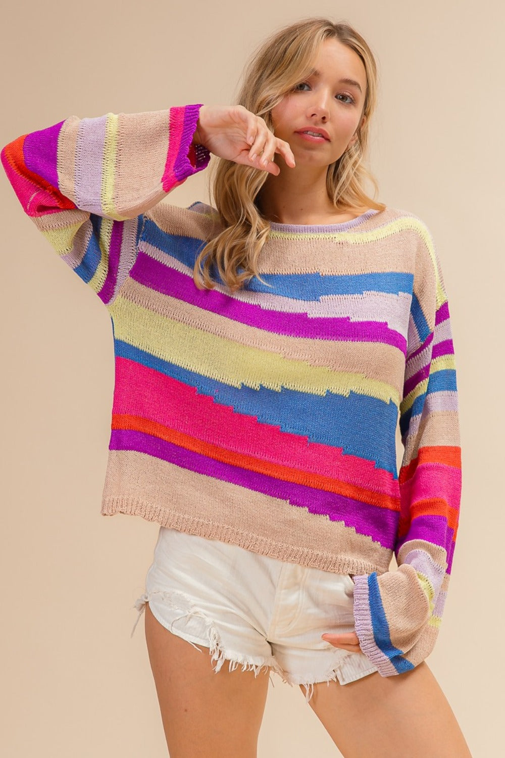 Blue Zone Planet | BiBi Multi Color Geometric Stripe Sweater-TOPS / DRESSES-[Adult]-[Female]-2022 Online Blue Zone Planet