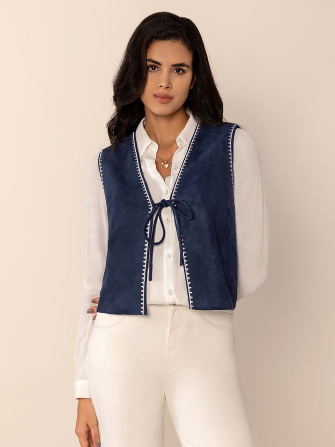 Tied Contrast Trim Vest-TOPS / DRESSES-[Adult]-[Female]-2022 Online Blue Zone Planet