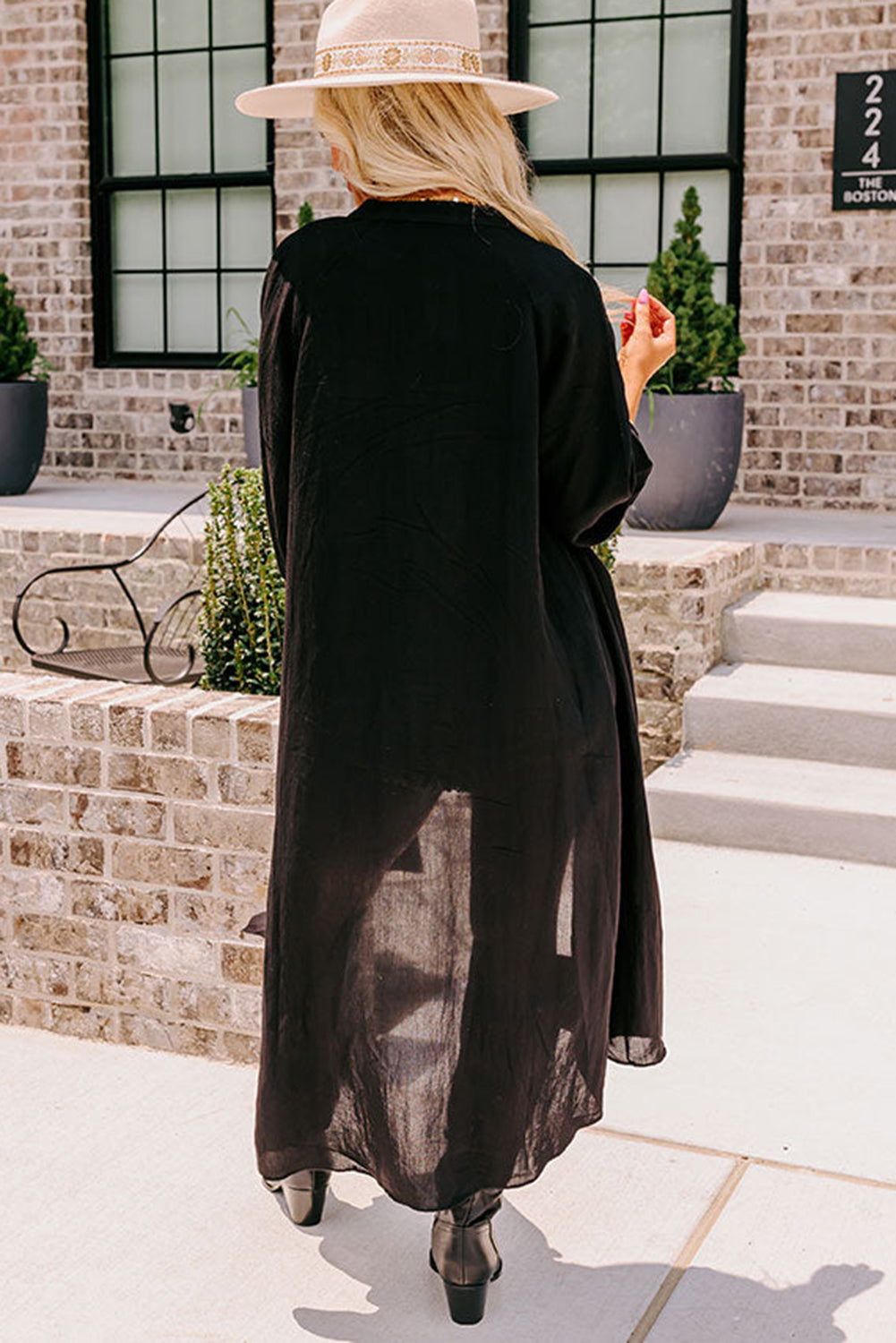 Black 3/4 Sleeve Button Up Long Kimono-Outerwear/Kimonos-[Adult]-[Female]-2022 Online Blue Zone Planet