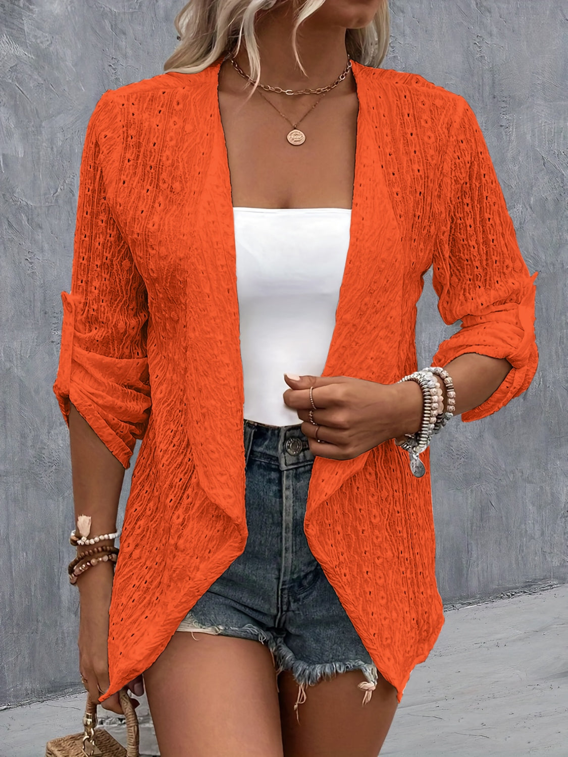 Eyelet Roll-Tab Sleeve Cardigan-TOPS / DRESSES-[Adult]-[Female]-Orange-S-2022 Online Blue Zone Planet