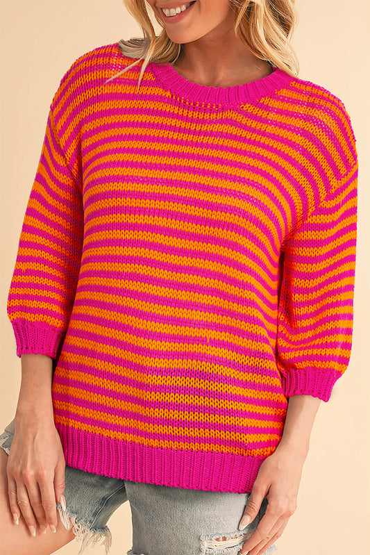 Blue Zone Planet | Rose Stripe 3/4 Puff Sleeve Drop Shoulder Sweater-Sweaters & Cardigans/Sweaters-[Adult]-[Female]-Rose Stripe-S-2022 Online Blue Zone Planet