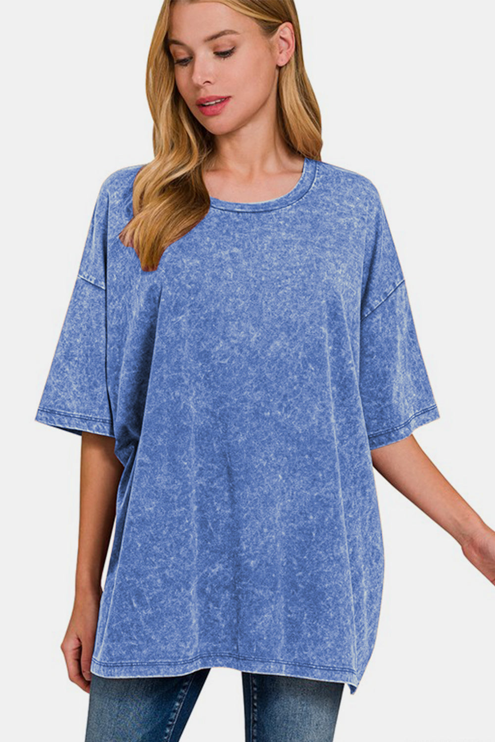 Zenana Full Size Washed Round Neck Drop Shoulder Oversized T-Shirt-TOPS / DRESSES-[Adult]-[Female]-Blue-S/M-2022 Online Blue Zone Planet