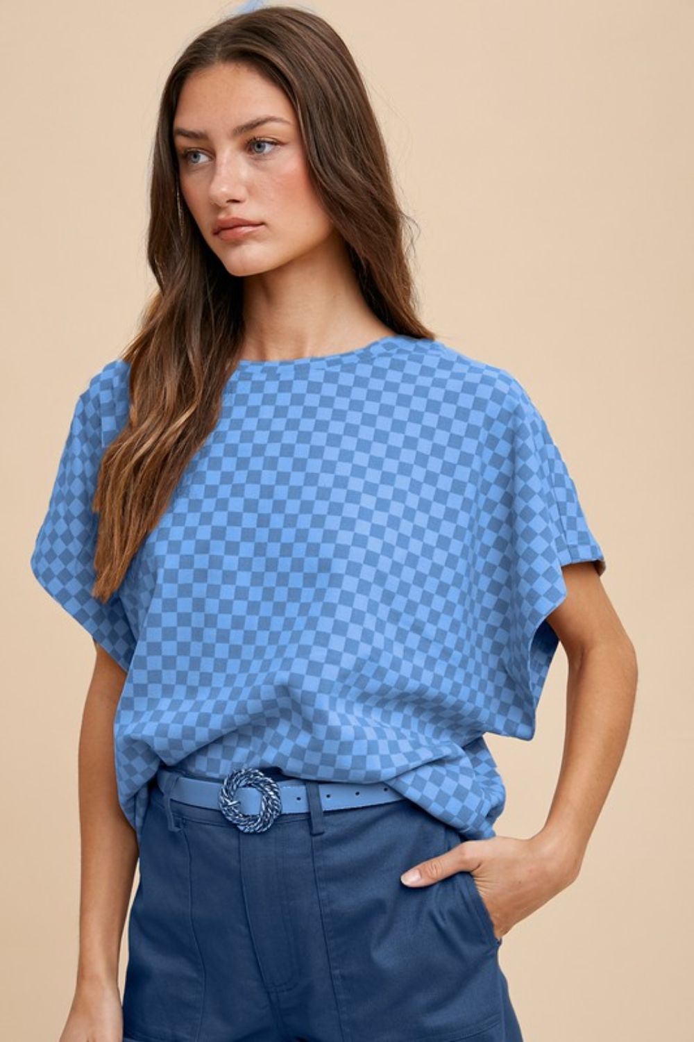 Annie Wear Checkered Round Neck Short Sleeve T-Shirt-TOPS / DRESSES-[Adult]-[Female]-Blue-S-2022 Online Blue Zone Planet