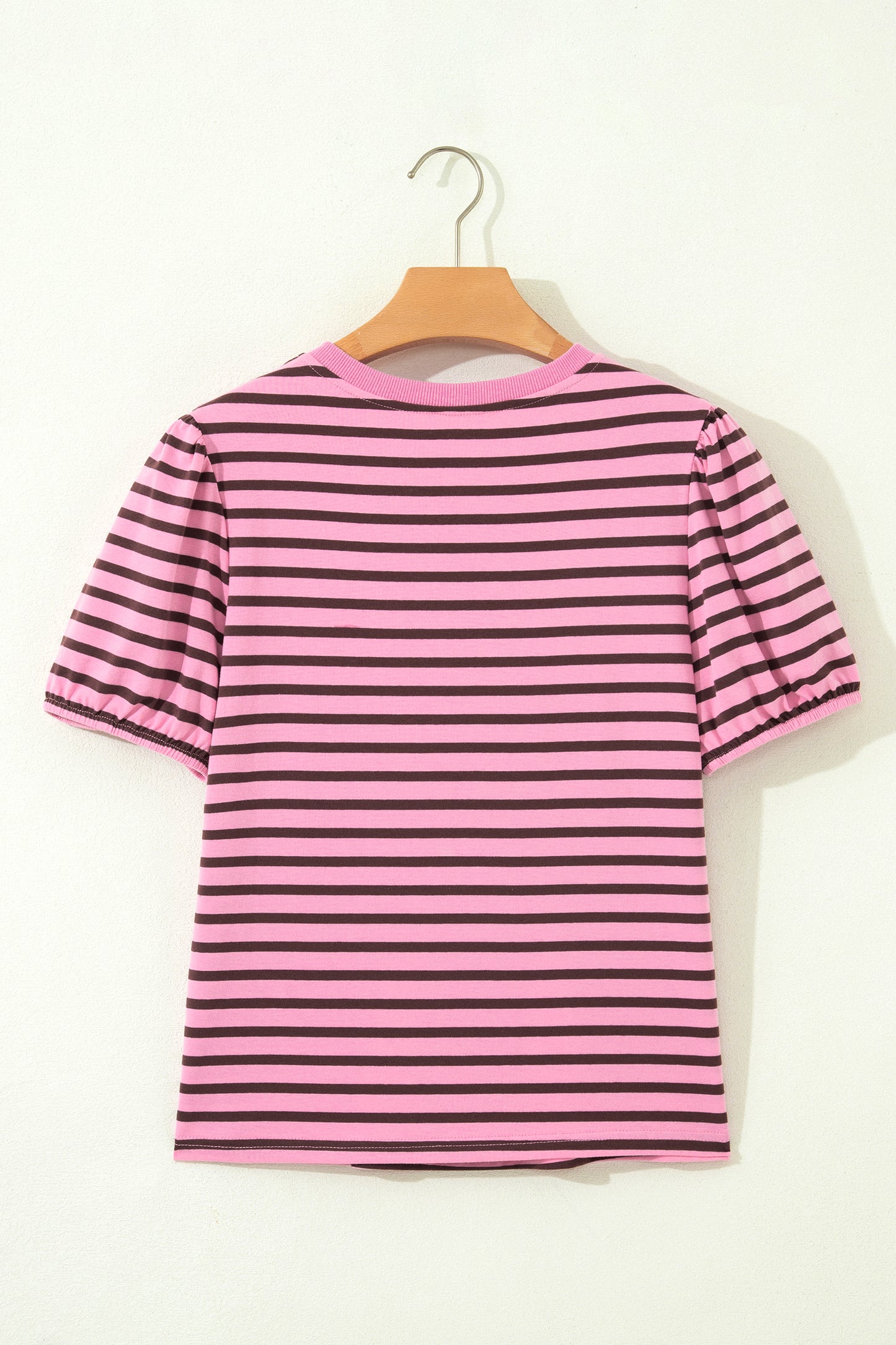Rose Stripe Striped V-Neck Ribbed Collar Cuff Gathering Puff Sleeve Top-Tops/Tops & Tees-[Adult]-[Female]-2022 Online Blue Zone Planet