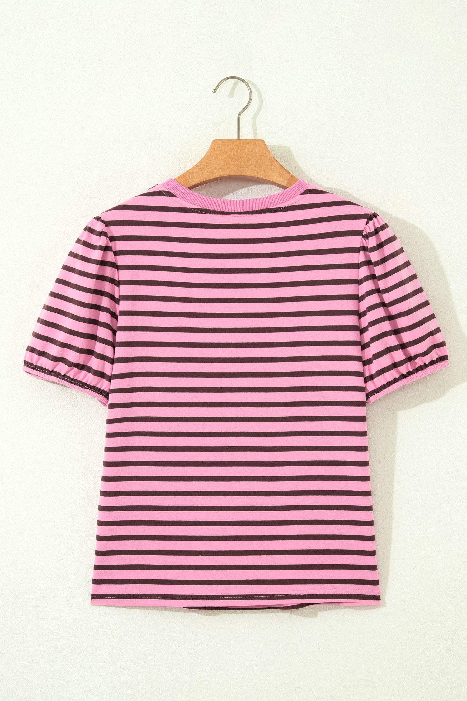 Rose Stripe Striped V-Neck Ribbed Collar Cuff Gathering Puff Sleeve Top-Tops/Tops & Tees-[Adult]-[Female]-2022 Online Blue Zone Planet