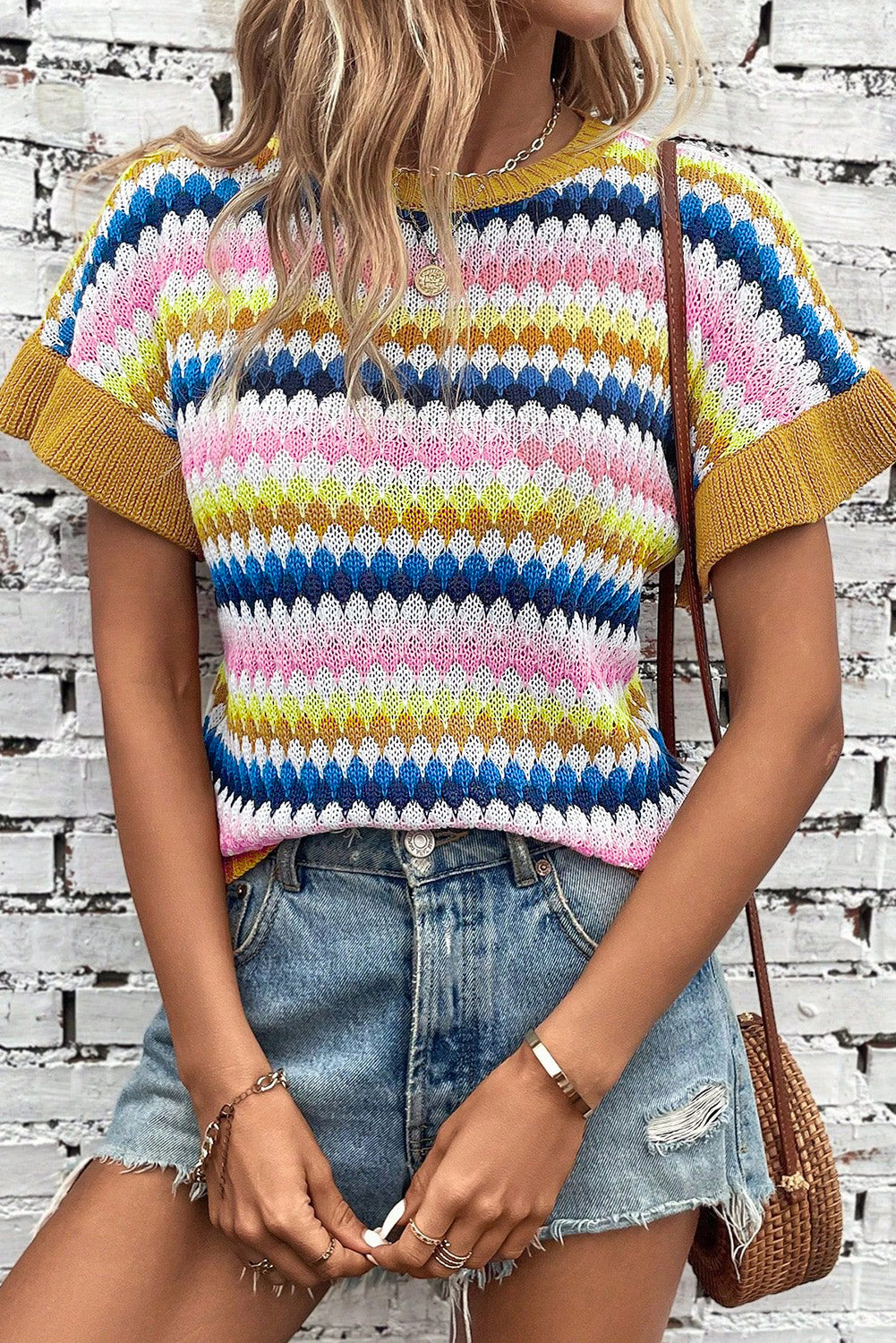 Khaki Trimmed Ruffle Sleeve Colorful Textured Sweater-TOPS / DRESSES-[Adult]-[Female]-2022 Online Blue Zone Planet