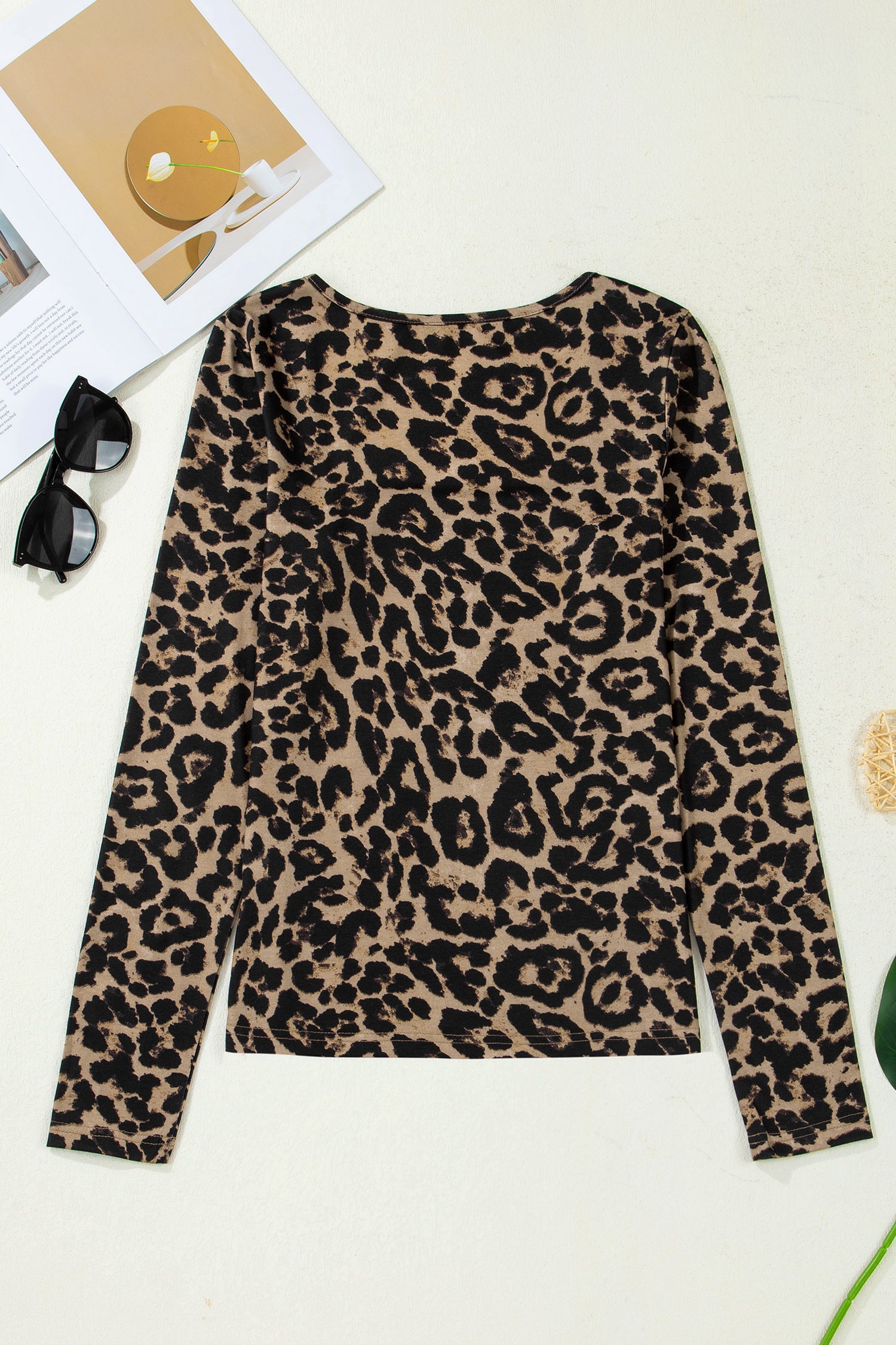 Desiree's Brown Leopard Print Slim Long Sleeve T Shirt-Tops/Long Sleeve Tops-[Adult]-[Female]-2022 Online Blue Zone Planet