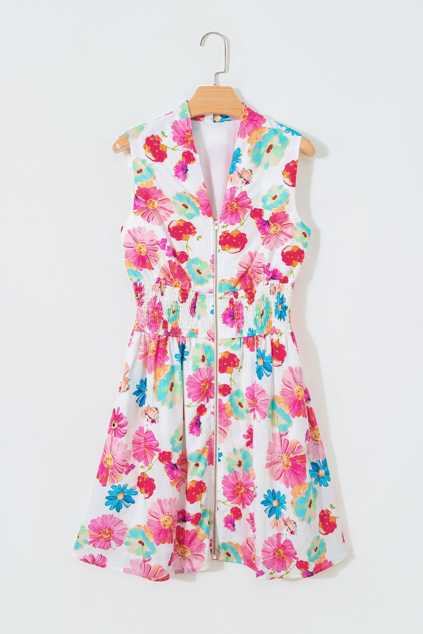 Pink Adorable Floral Print V Neck Zip Up Smocked Waist Flared Mini Dress-TOPS / DRESSES-[Adult]-[Female]-2022 Online Blue Zone Planet
