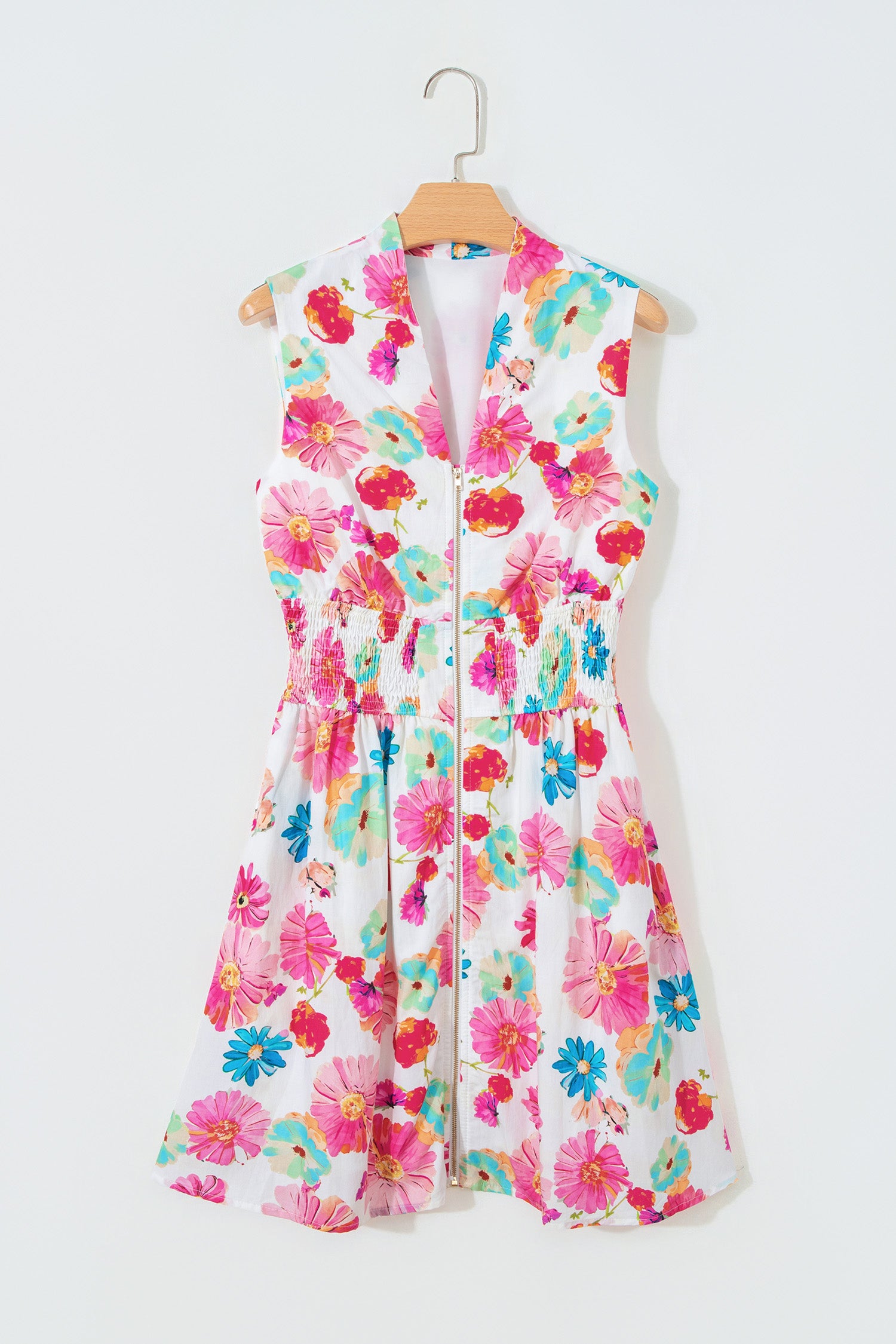 Pink Adorable Floral Print V Neck Zip Up Smocked Waist Flared Mini Dress-TOPS / DRESSES-[Adult]-[Female]-2022 Online Blue Zone Planet