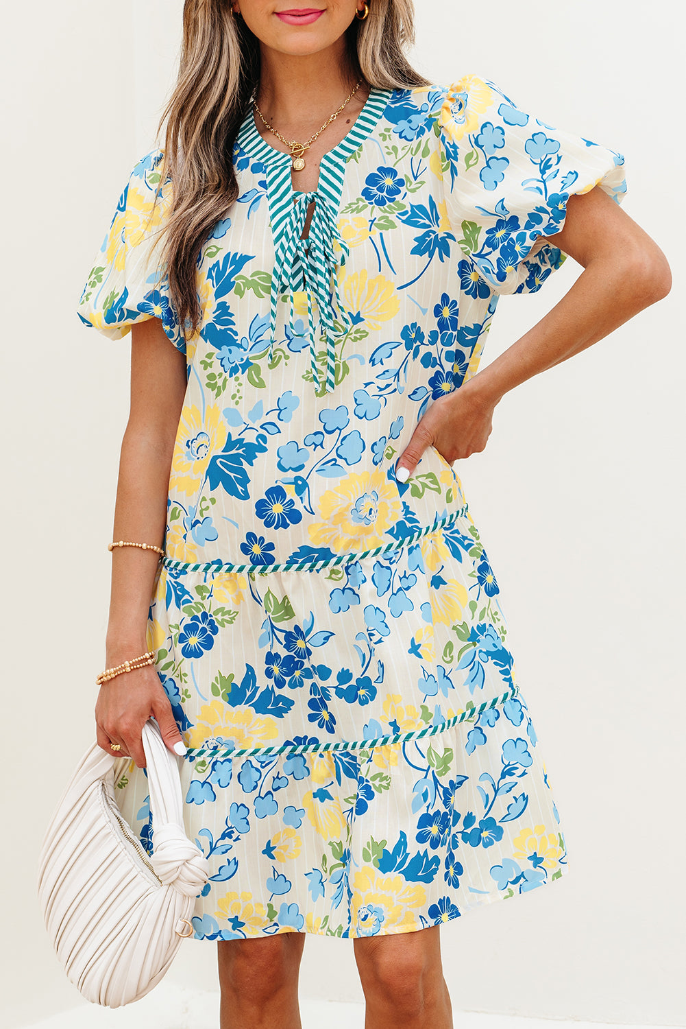 Blue Floral Striped Trim Puff Short Sleeve Dress-TOPS / DRESSES-[Adult]-[Female]-2022 Online Blue Zone Planet