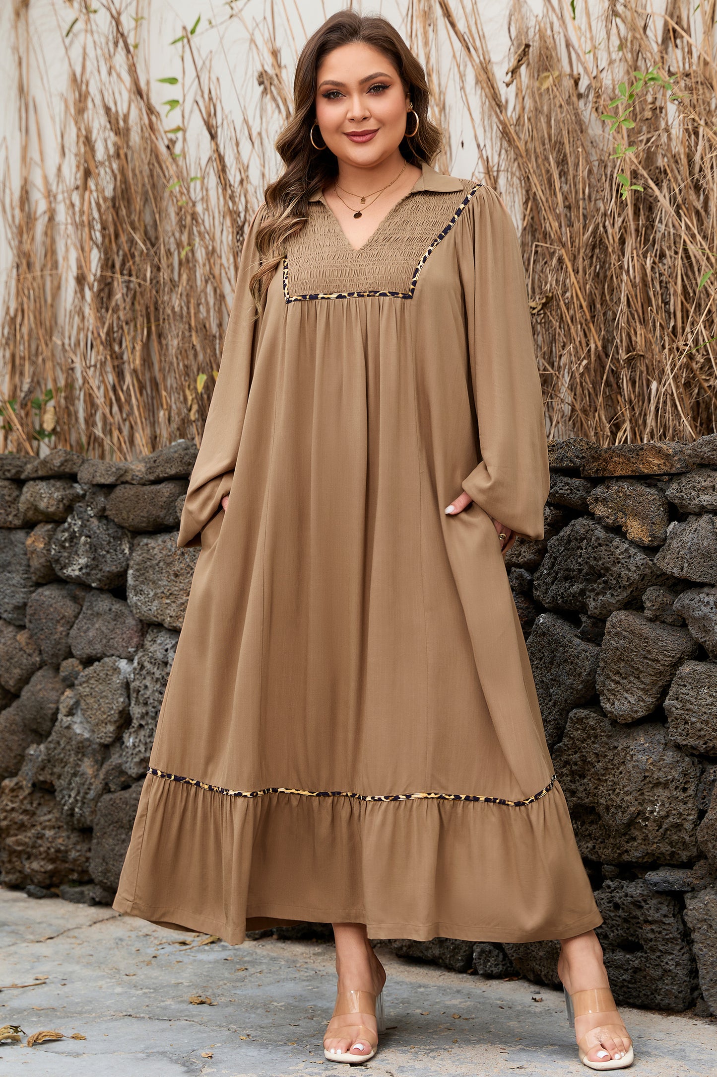 Chestnut Smocked V Neckline Leopard Piping Accent Bracelet Plus Size Long Dress-TOPS / DRESSES-[Adult]-[Female]-2022 Online Blue Zone Planet