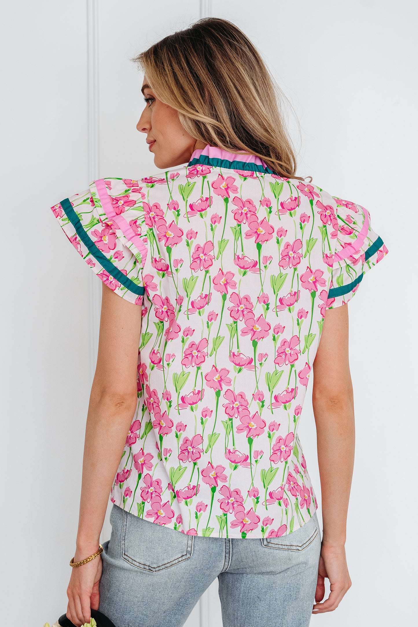 Pink Floral Print Contrast Trim V Neck Double Ruffled Short Sleeve Blouse-Tops/Blouses & Shirts-[Adult]-[Female]-2022 Online Blue Zone Planet