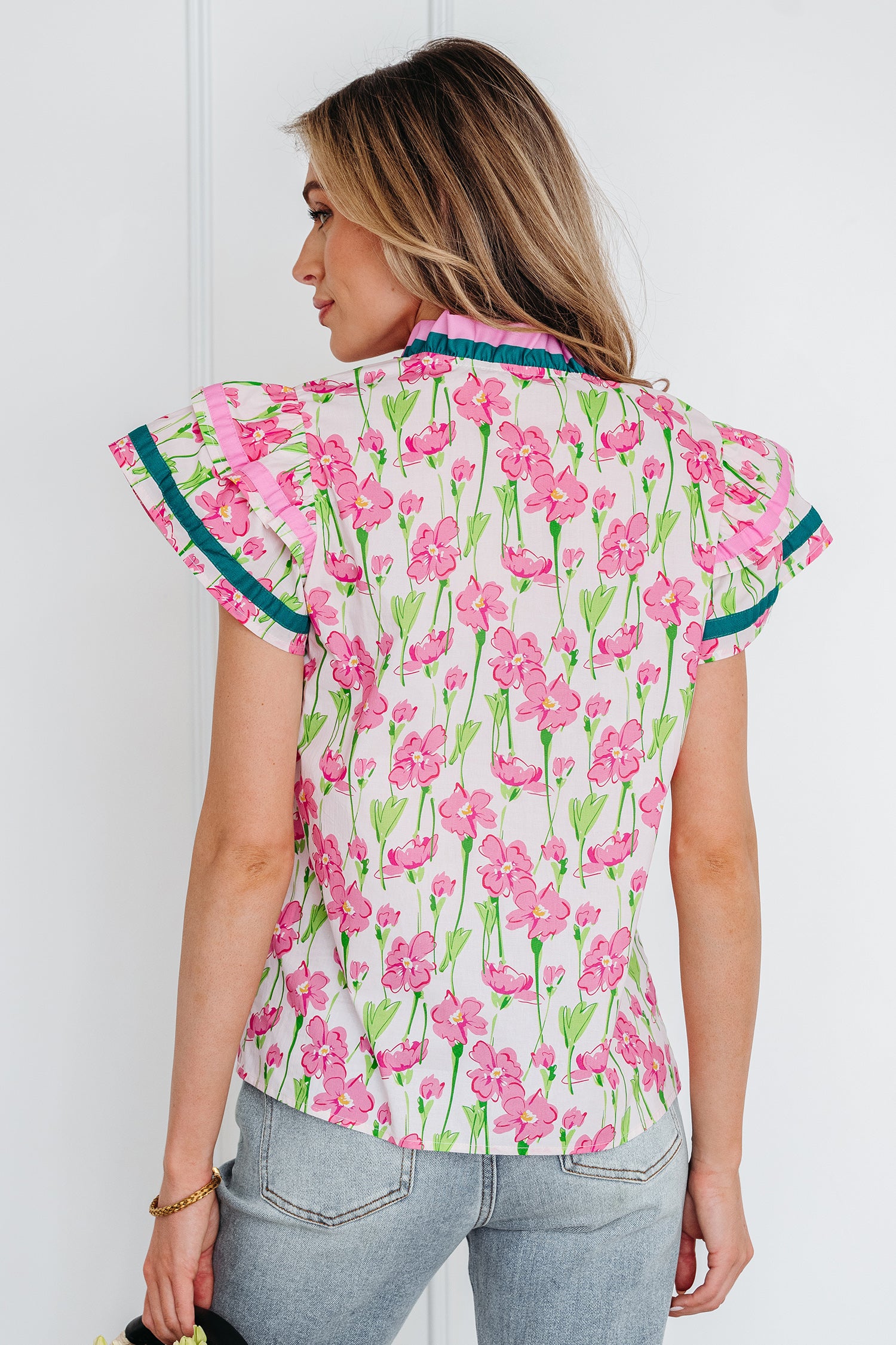 Pink Floral Print Contrast Trim V Neck Double Ruffled Short Sleeve Blouse-Tops/Blouses & Shirts-[Adult]-[Female]-2022 Online Blue Zone Planet
