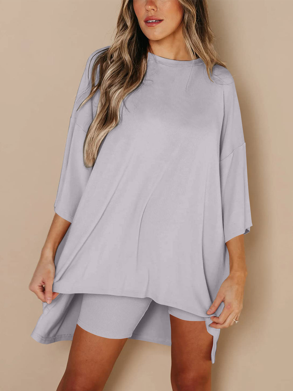 Full Size Round Neck Top and Skinny Shorts Set-TOPS / DRESSES-[Adult]-[Female]-Gray-S-2022 Online Blue Zone Planet