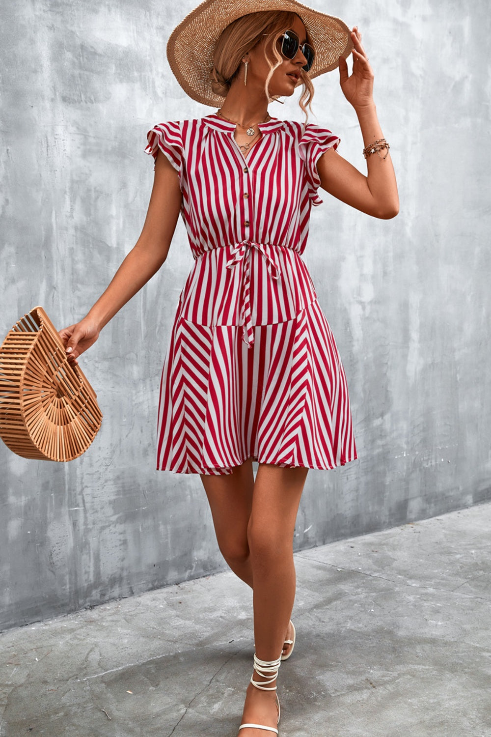 Ruffled Striped Cap Sleeve Mini Dress-TOPS / DRESSES-[Adult]-[Female]-2022 Online Blue Zone Planet