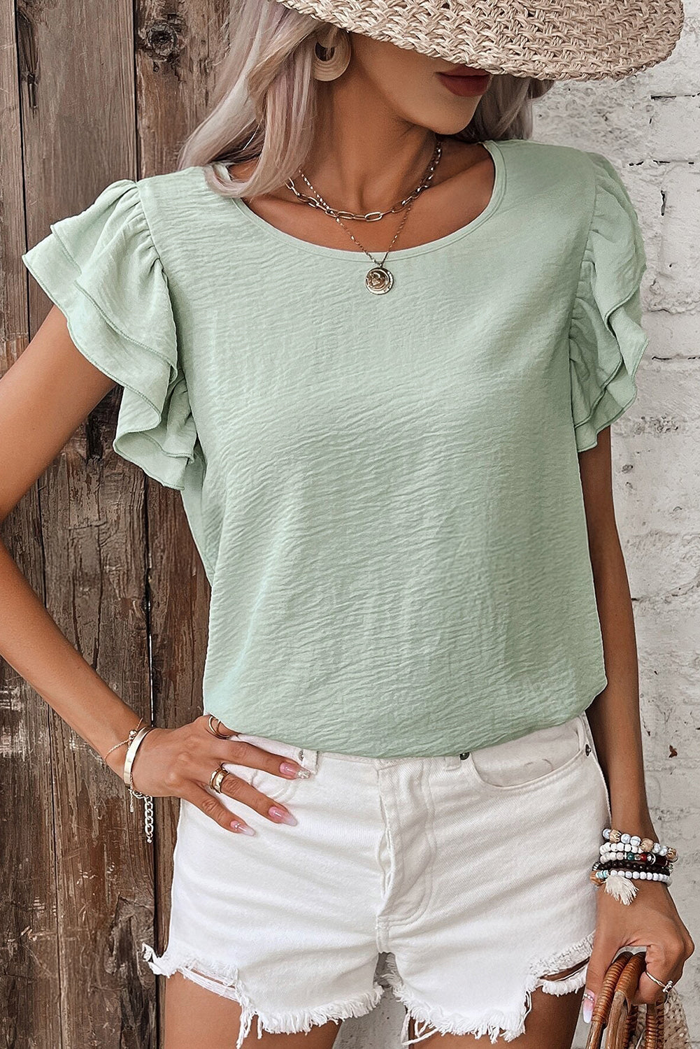 Clearly Aqua Solid Color Ruffled Short Sleeve Casual Blouse-Tops/Blouses & Shirts-[Adult]-[Female]-2022 Online Blue Zone Planet