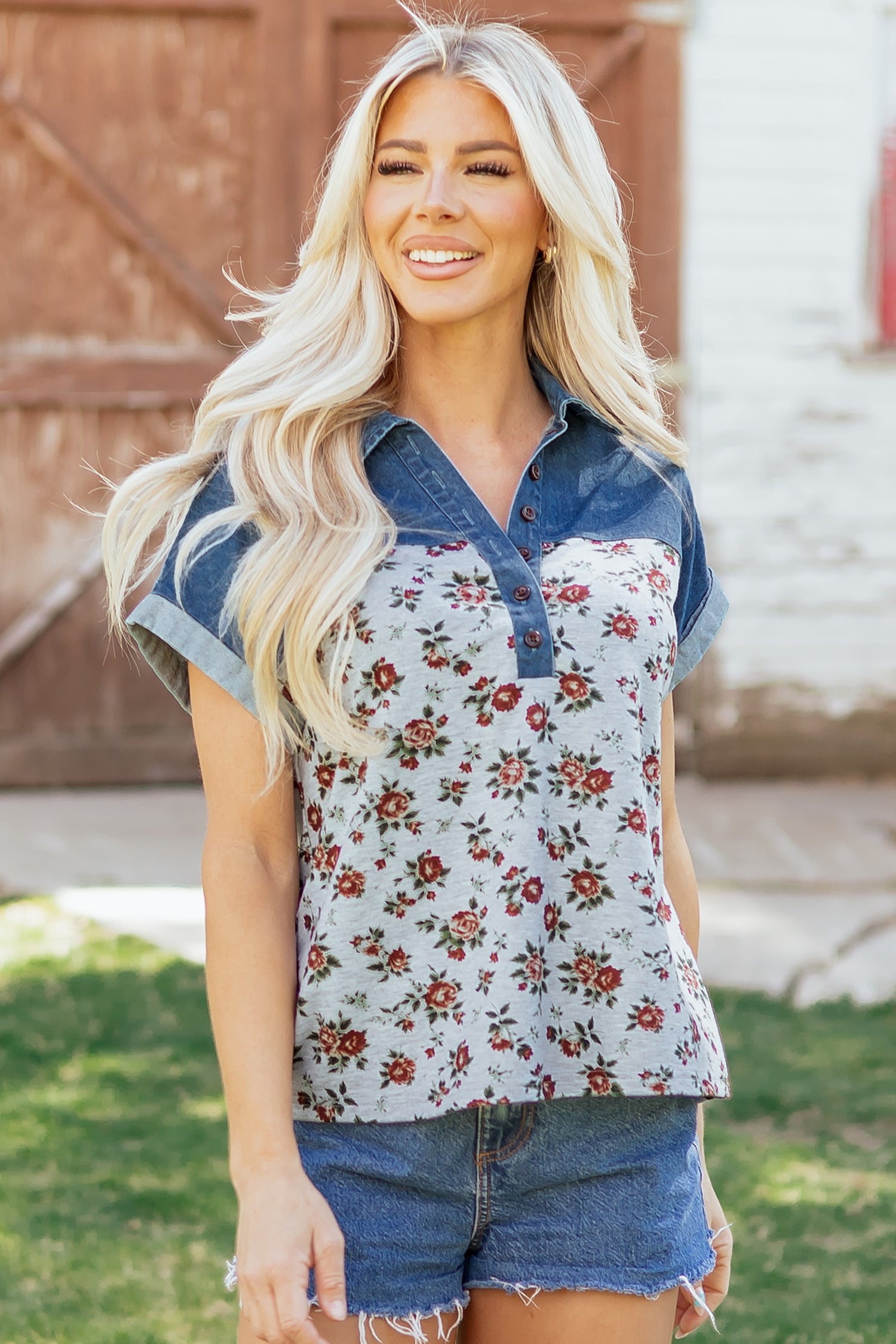 Gray Retro Floral Print Denim Patchwork Buttoned Polo Collar Top-Tops/Blouses & Shirts-[Adult]-[Female]-2022 Online Blue Zone Planet