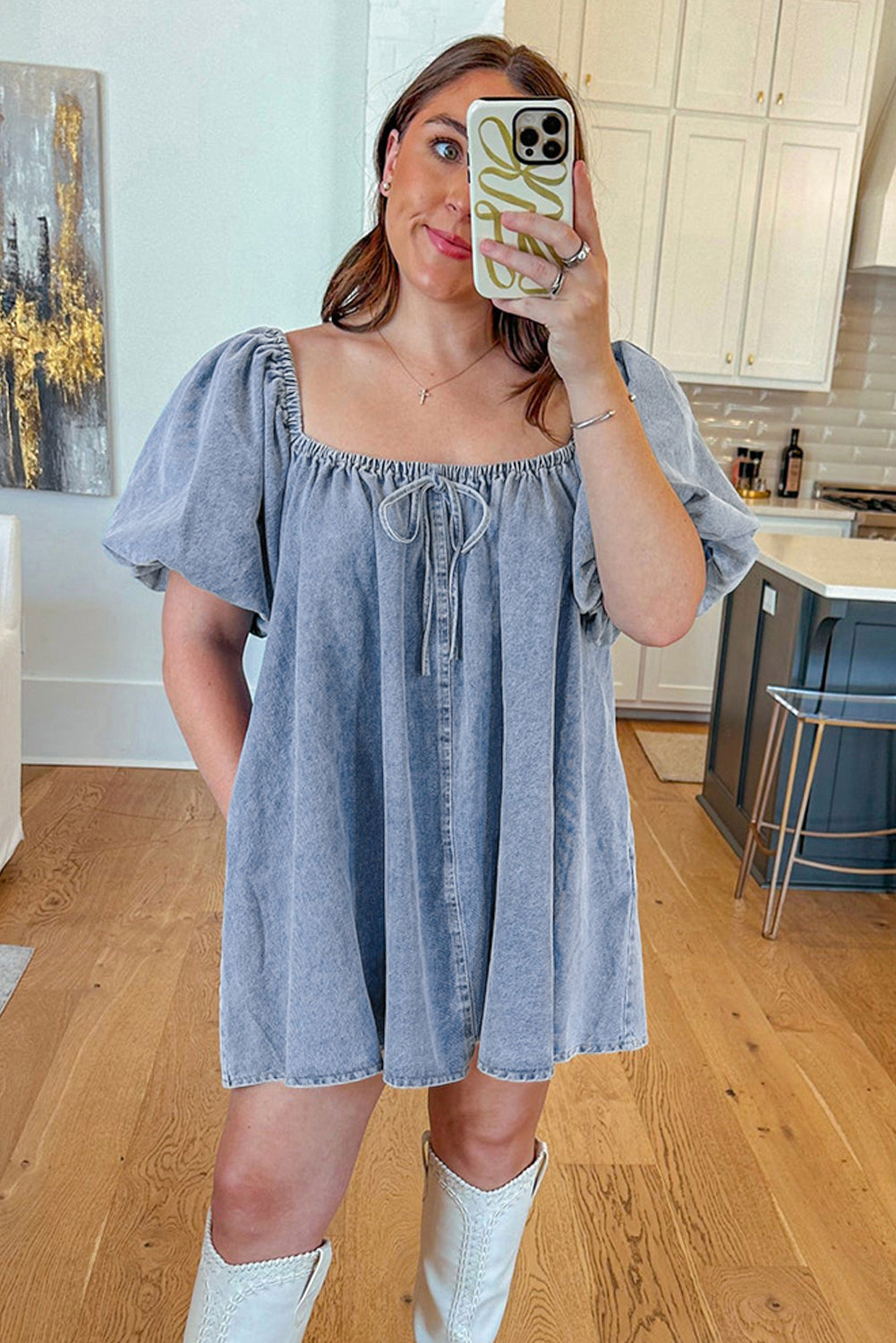 Myosotis Bubble Sleeve Square Neck Denim Babydoll Dress-Short Dresses-[Adult]-[Female]-2022 Online Blue Zone Planet