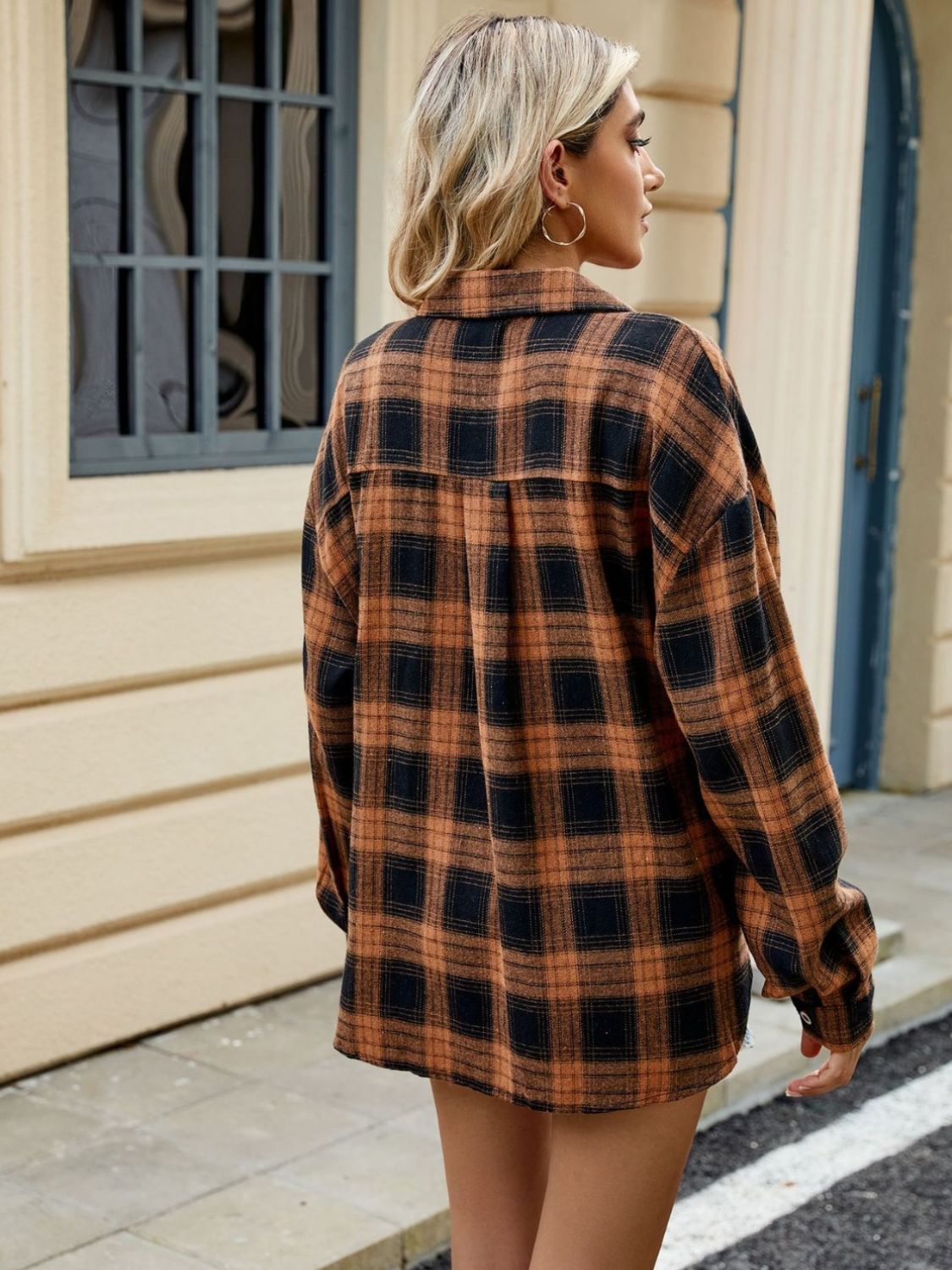 Plaid Collared Neck Long Sleeve Shirt-TOPS / DRESSES-[Adult]-[Female]-2022 Online Blue Zone Planet