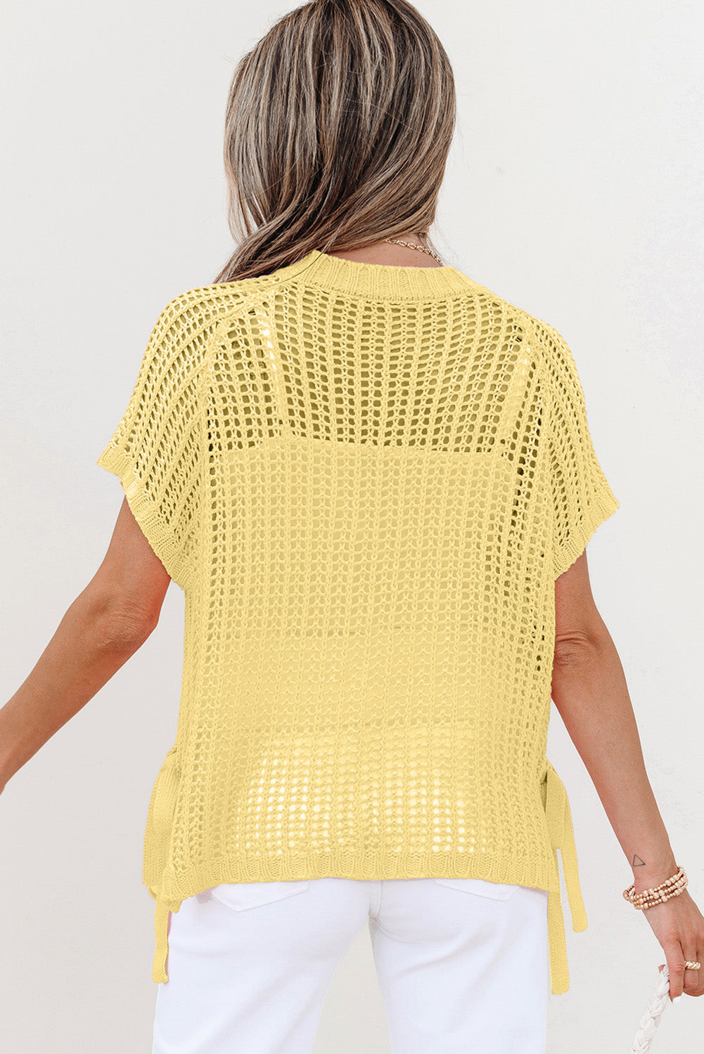 Yellow Cream Hollow-Out Crochet Side Tied Short Sleeve Sweater-TOPS / DRESSES-[Adult]-[Female]-2022 Online Blue Zone Planet