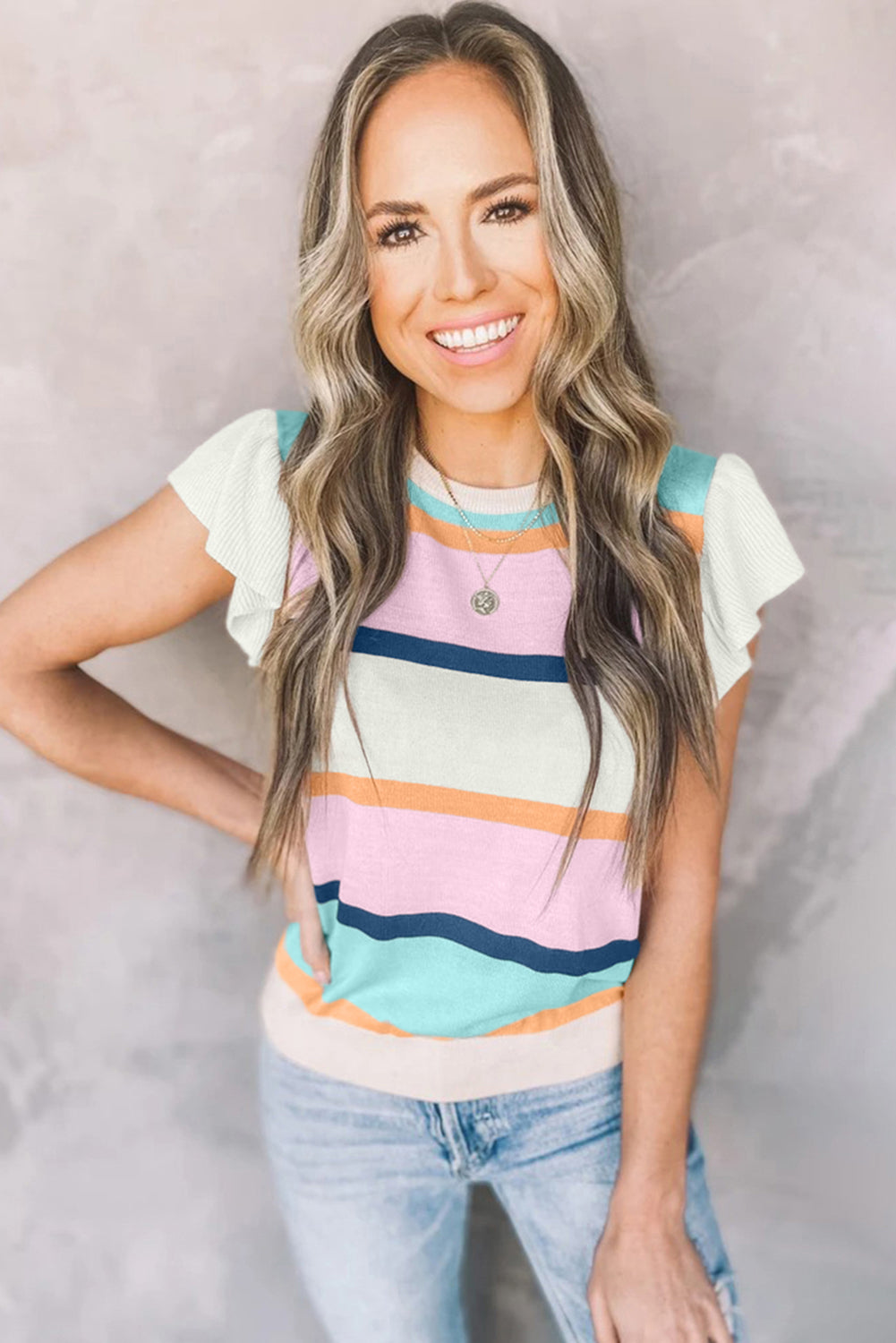 Multicolour Striped Color Block Flutter Sleeve Patchwork Sweater Top-TOPS / DRESSES-[Adult]-[Female]-2022 Online Blue Zone Planet