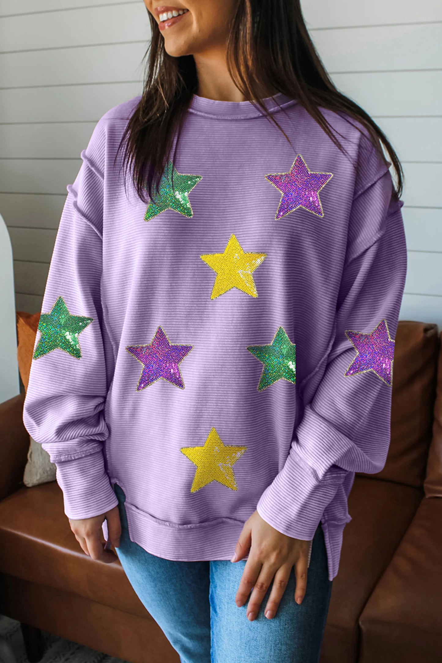 Lavendula Mardi Gras Holiday Sequined Star Patched Patterned Top-Graphic Long Sleeve Tees-[Adult]-[Female]-Lavendula-L-2022 Online Blue Zone Planet