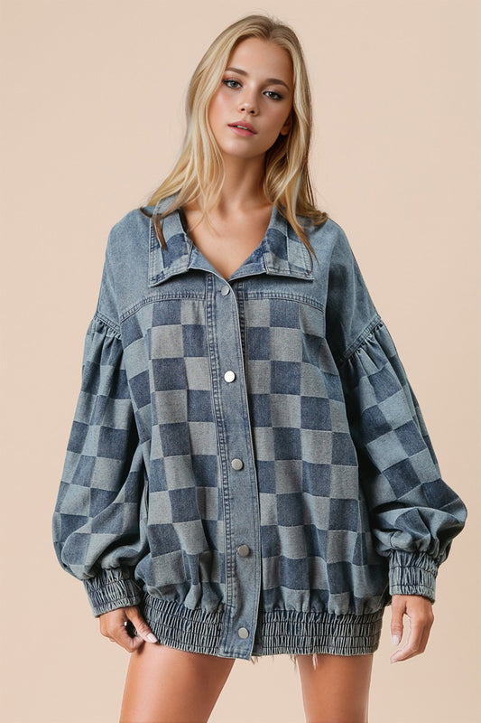 Double Take Checkered Button Up Denim Jacket-TOPS / DRESSES-[Adult]-[Female]-Medium-S-2022 Online Blue Zone Planet