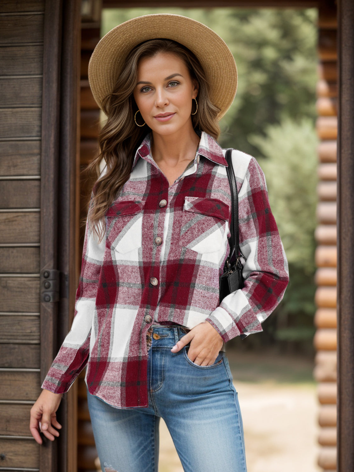 Full Size Pocketed Plaid Collared Neck Shacket-TOPS / DRESSES-[Adult]-[Female]-2022 Online Blue Zone Planet