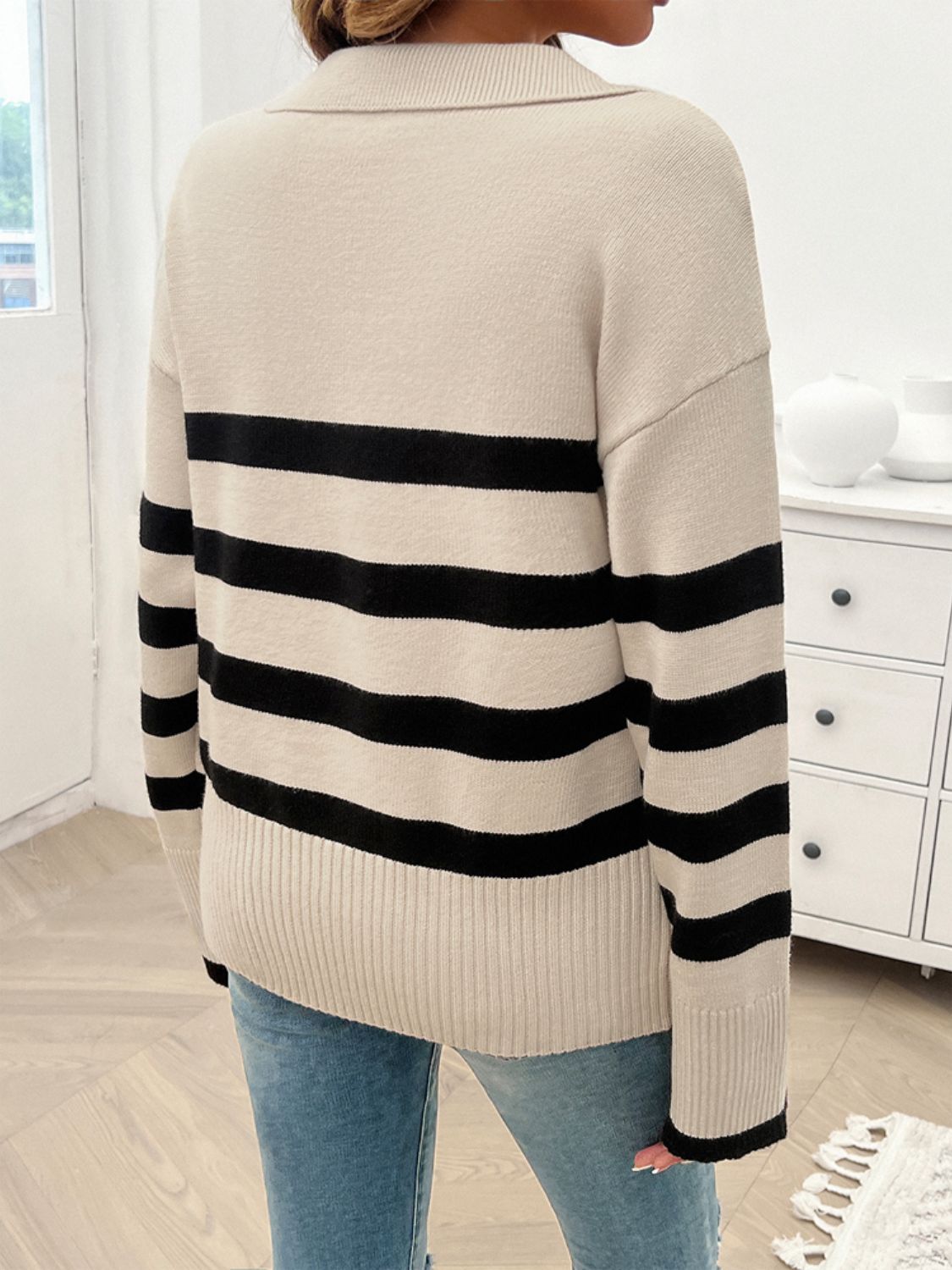 Striped Collared Neck Long Sleeve Sweater-TOPS / DRESSES-[Adult]-[Female]-2022 Online Blue Zone Planet