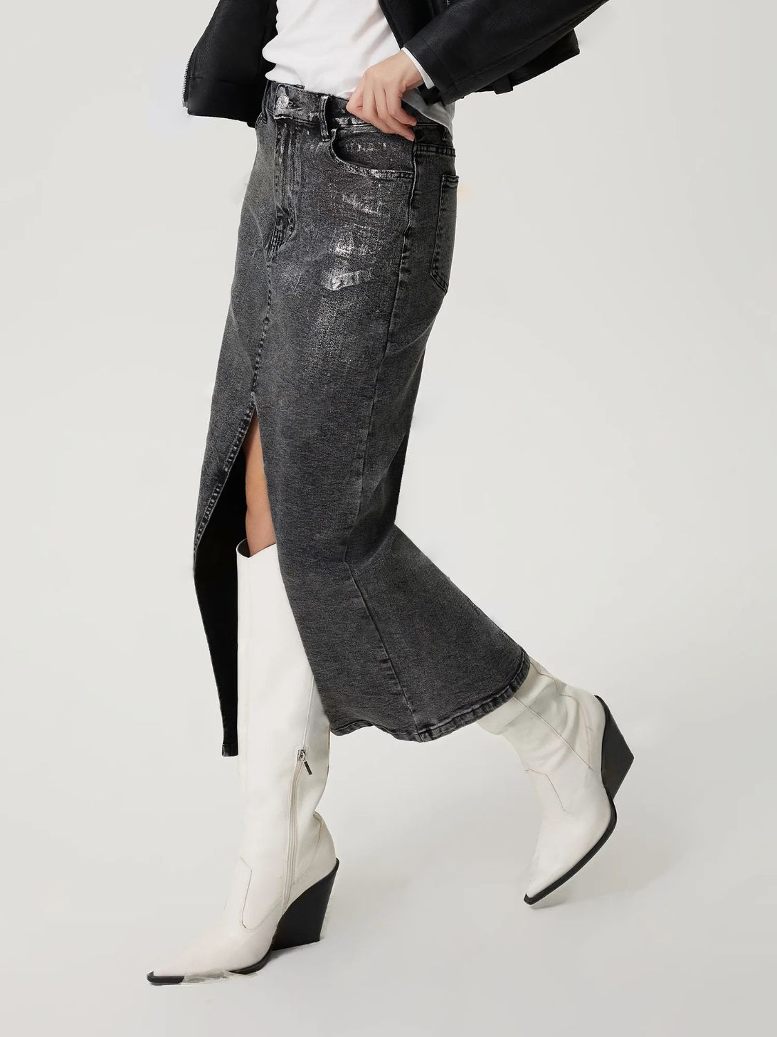 Slit Midi Denim Skirt with Pockets-BOTTOMS SIZES SMALL MEDIUM LARGE-[Adult]-[Female]-Black-XS-2022 Online Blue Zone Planet