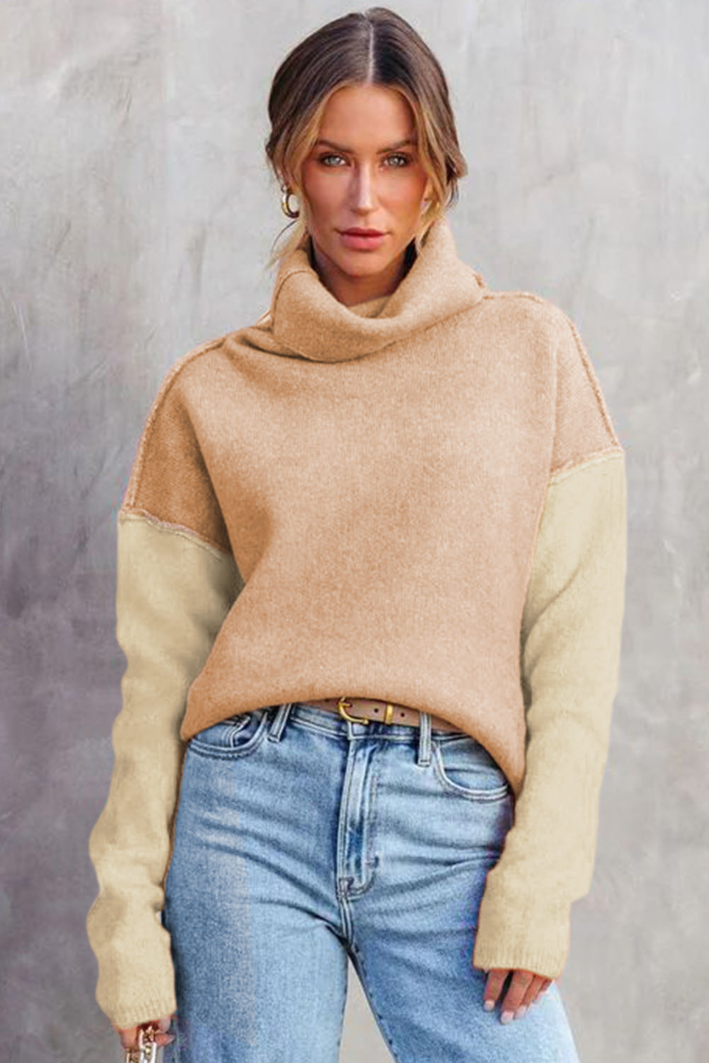 White Color Block Turtle Neck Drop Shoulder Knit Sweater-TOPS / DRESSES-[Adult]-[Female]-2022 Online Blue Zone Planet