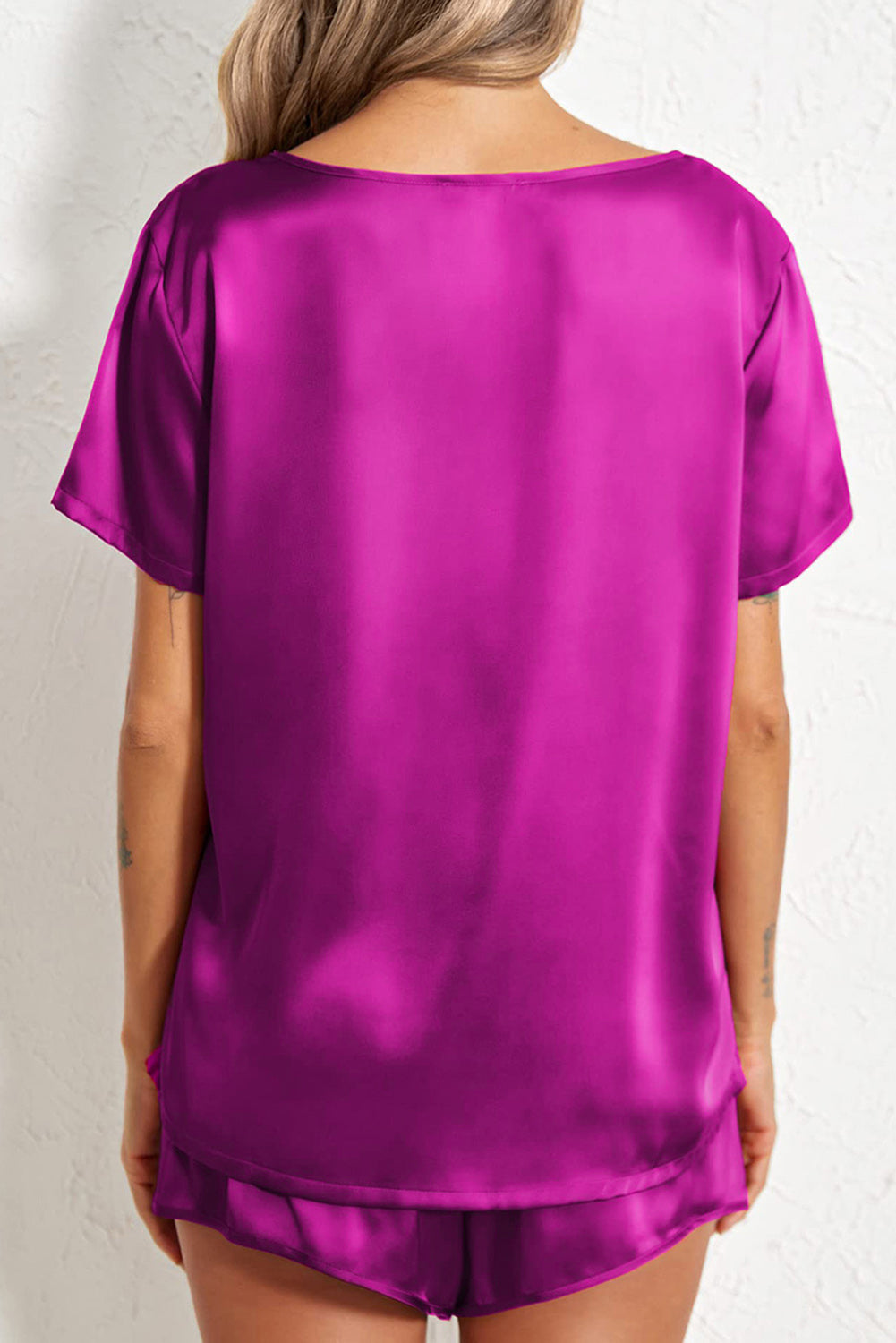 Bright Pink Satin V Neck Tee and Drawstring Shorts Set-Loungewear & Sleepwear/Sleepwear-[Adult]-[Female]-2022 Online Blue Zone Planet