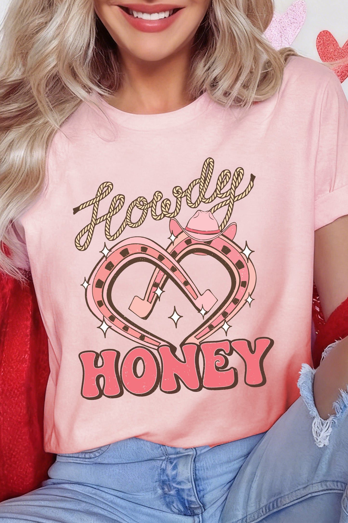 Pink Howdy Honey Horseshoe Heart Printed T Shirt-Graphic Tees-[Adult]-[Female]-Pink-2XL-2022 Online Blue Zone Planet
