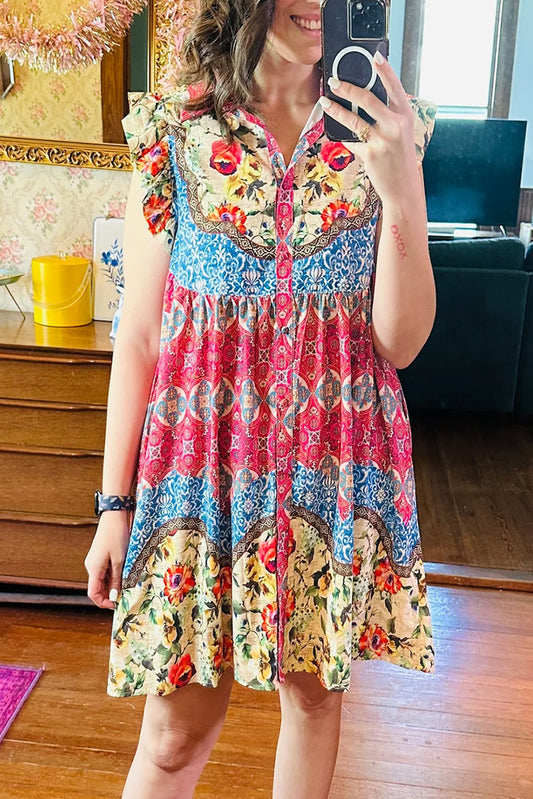 Rose Floral Mixed Pattern Ruffle Flutter Sleeve Buttoned Dress-TOPS / DRESSES-[Adult]-[Female]-Rose-S-2022 Online Blue Zone Planet