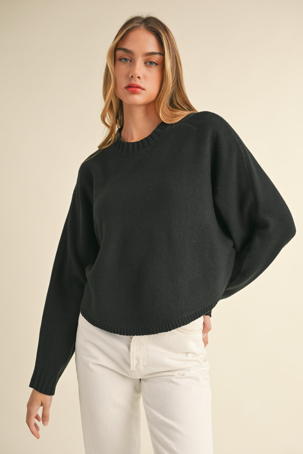 Mable Round Neck Dolman Sleeve Cropped Sweater-TOPS / DRESSES-[Adult]-[Female]-Black-S-2022 Online Blue Zone Planet