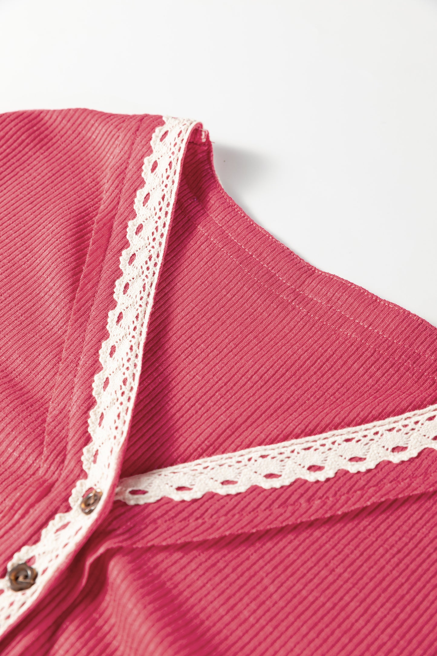 Racing Red Ribbed Texture Contrasted Lace Trim Button V Neck Long Sleeve Top-Tops/Long Sleeve Tops-[Adult]-[Female]-2022 Online Blue Zone Planet